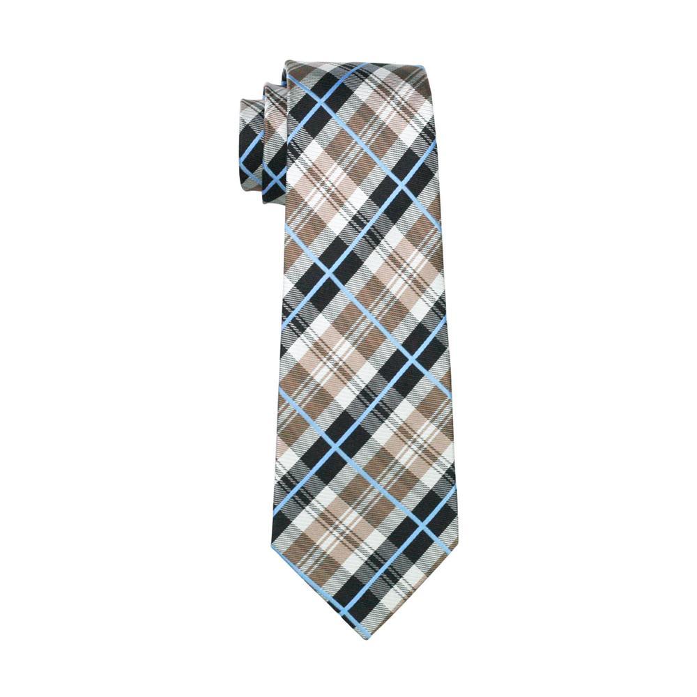 Brown Black White Plaid Silk Men's Tie Pocket Square Cufflinks Set - barry-wang