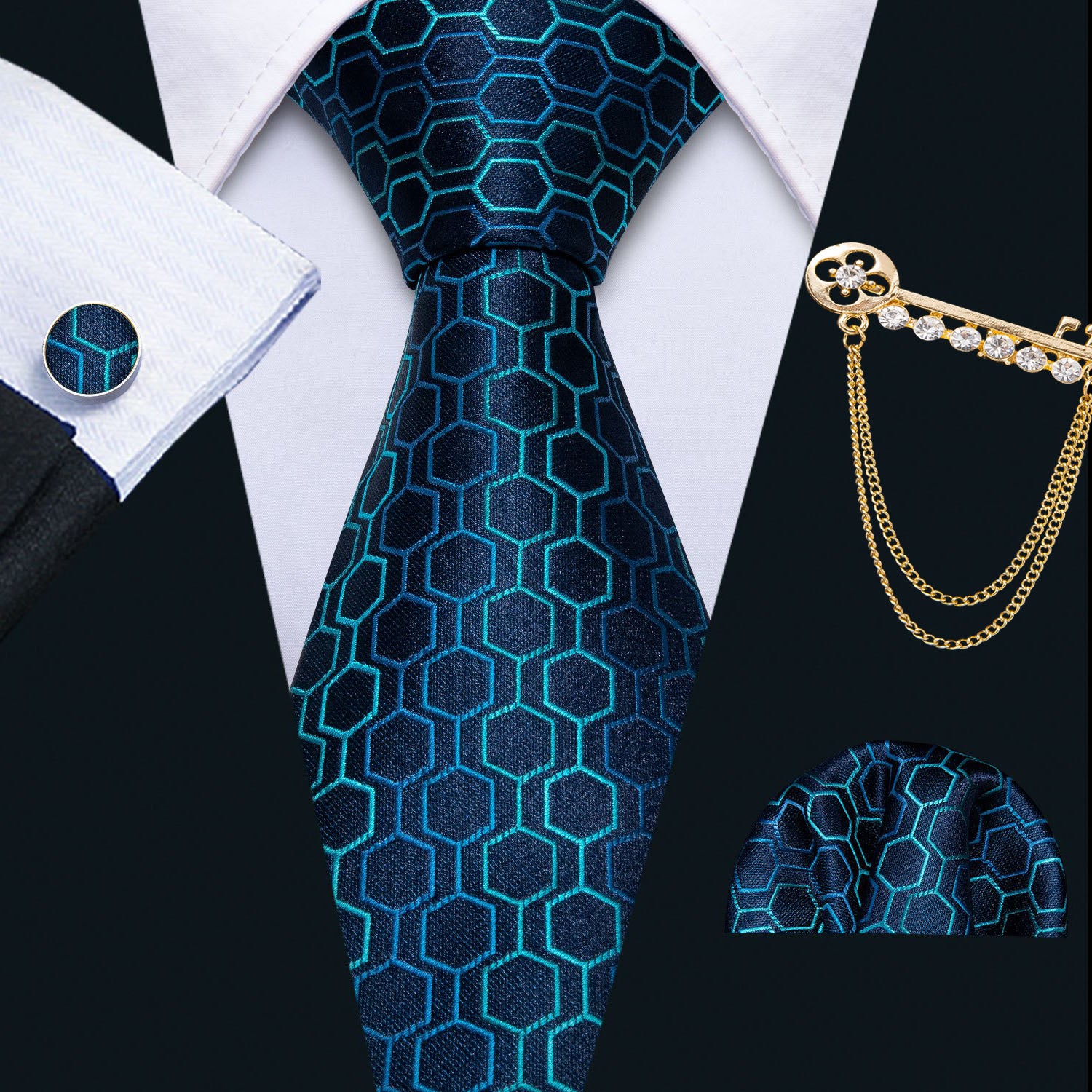 Luxury Blue Geometric Men's Tie Lapel Pin Brooch Silk Tie Pocket Square Cufflinks Set Wedding Business Party