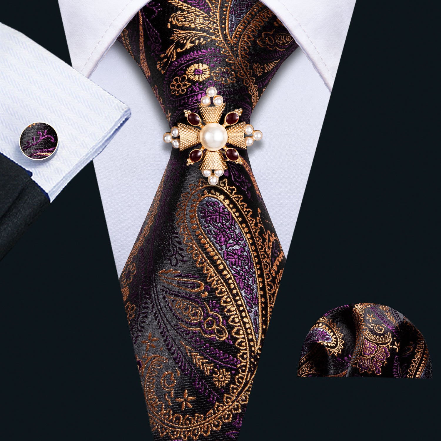 Purple Golden Paisley necktie with gold red tie  ring 