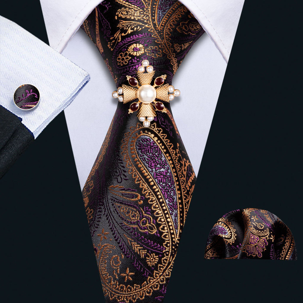 Yellow Purple Black Paisley Silk Tie Pocket Square Cufflinks Set 8.5cm ...