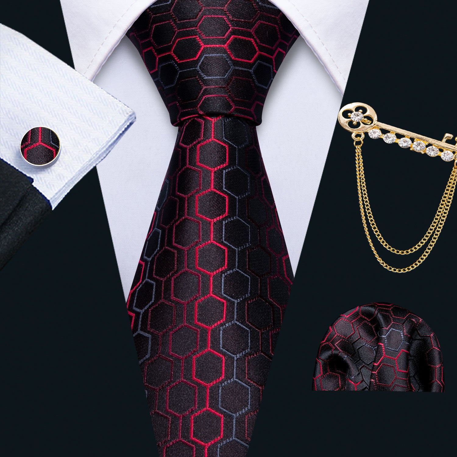 Luxury Black Red Geometric Plaid Men's Tie Lapel Pin Brooch Silk Tie Pocket Square Cufflinks Set Wedding Business Party