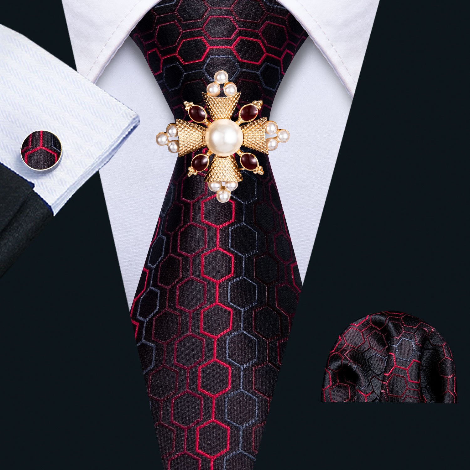 Black Red Geometric Plaid Silk Tie Pocket Square Cufflinks Set 8.5cm Fashion Designer Neckties with Brooches Easy Matching