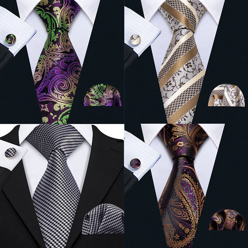 Barry.Wang Luxury 4pcs Men Paisley Silk Tie Pocket Square Cufflink Set