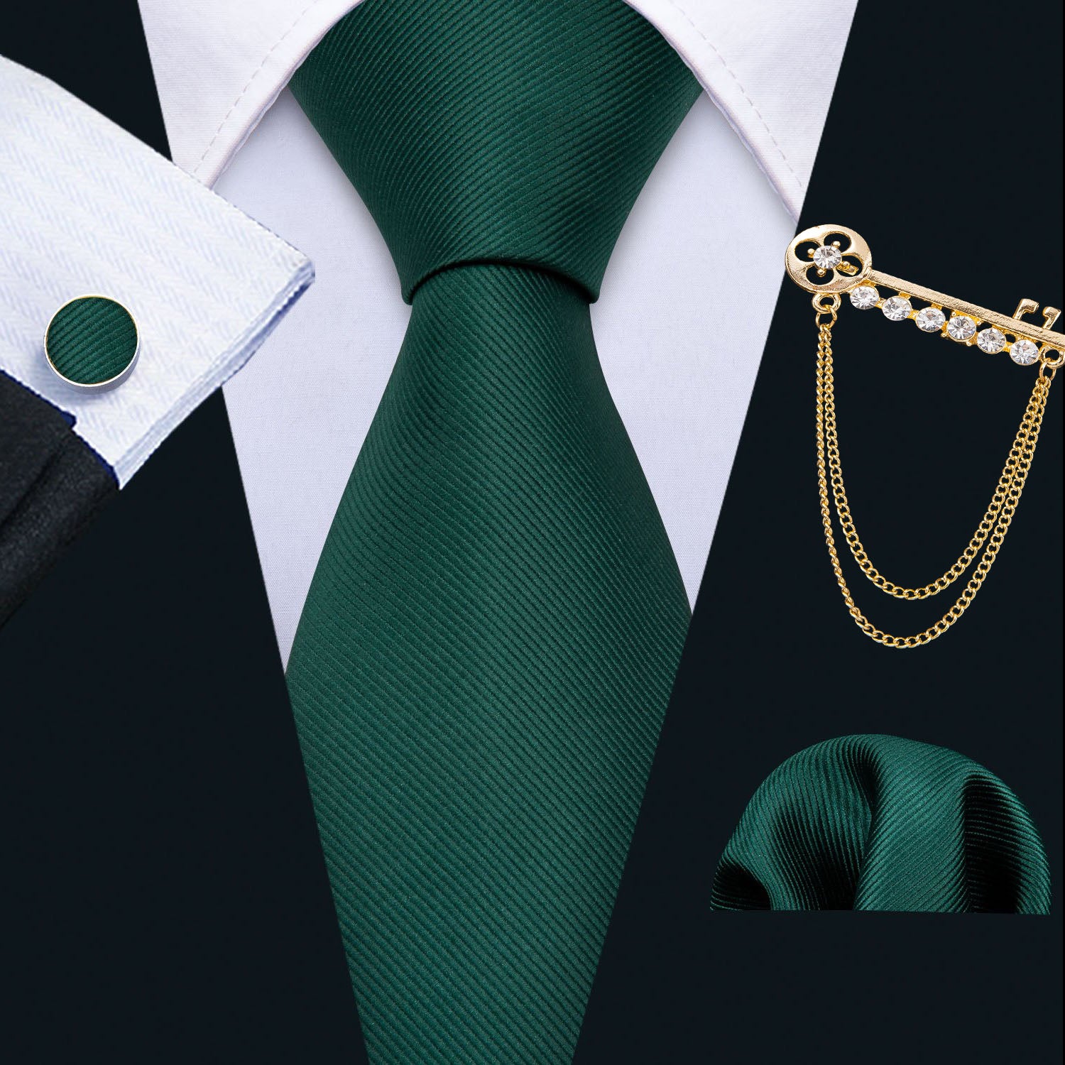 Green Solid Men's Tie Lapel Pin Brooch Silk Tie Pocket Square Cufflinks Set  Wedding Business Party