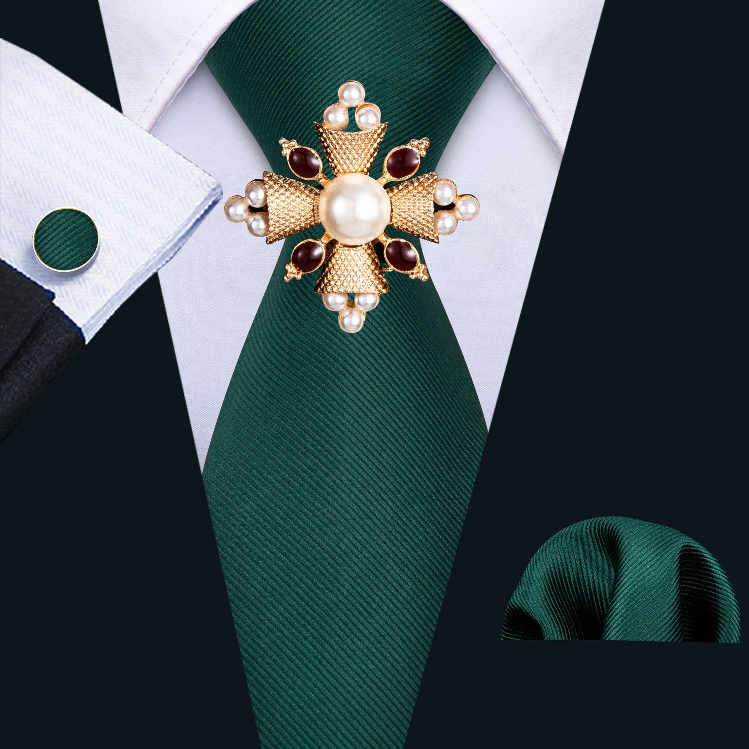 Formal Green Solid Tie Pocket Square Cufflinks Set 8.5cm Fashion Designer Neckties with Brooches Easy Matching