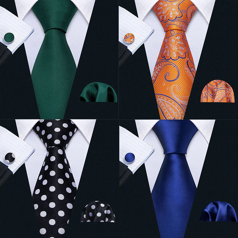 Barry.Wang Luxury 4pcs Men Solid Silk Tie Pocket Square Cufflink Set