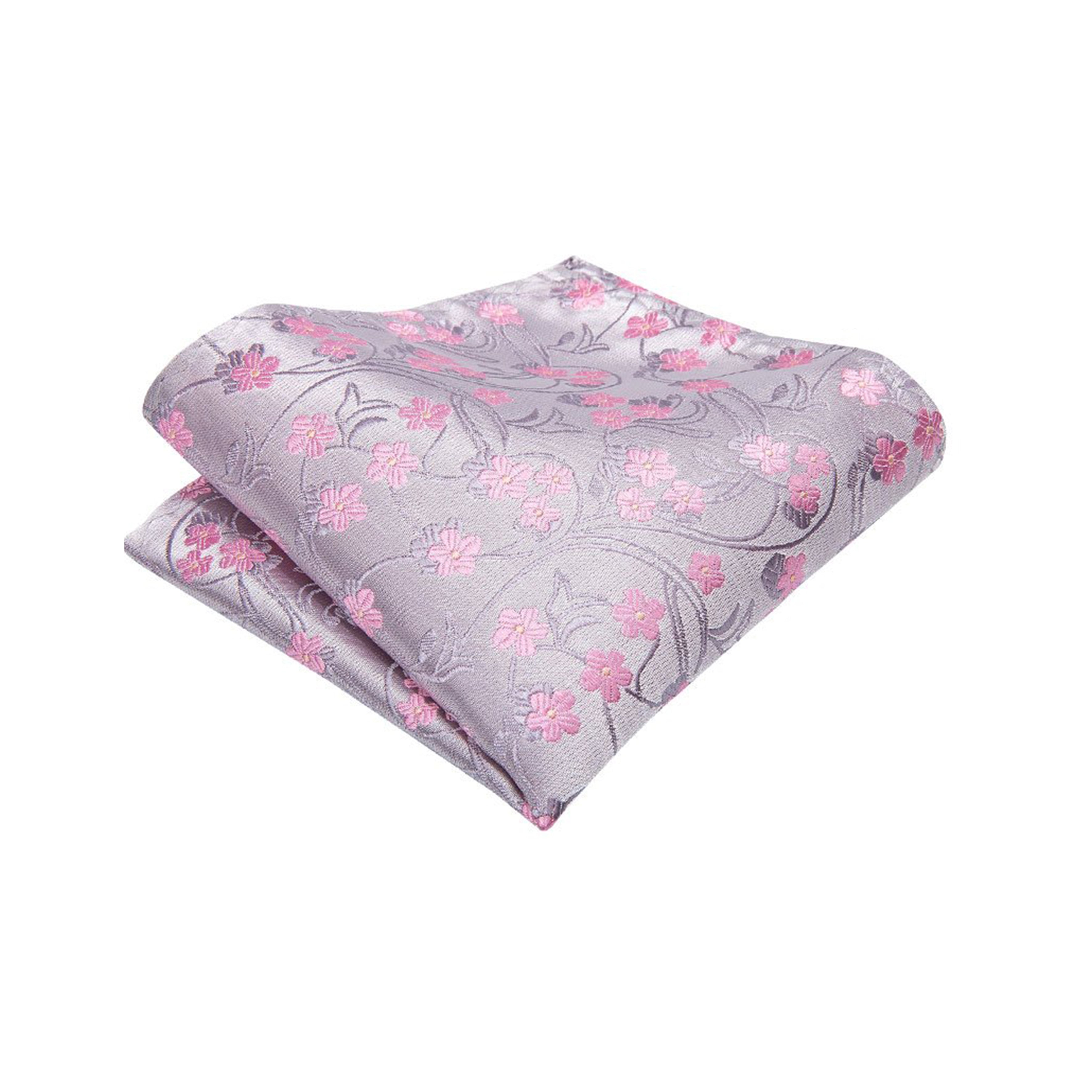 Silver Pink Floral Silk Pocket Square