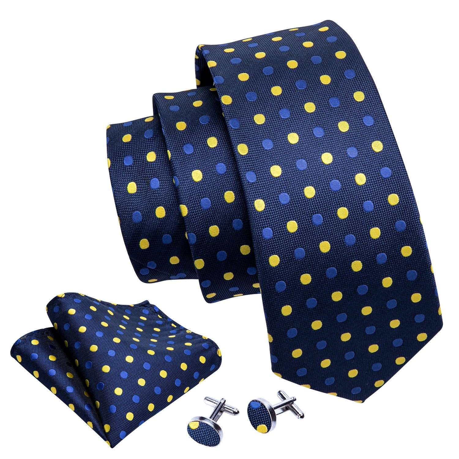 Blue Yellow Polka Dot Tie Pocket Square Cufflinks Set
