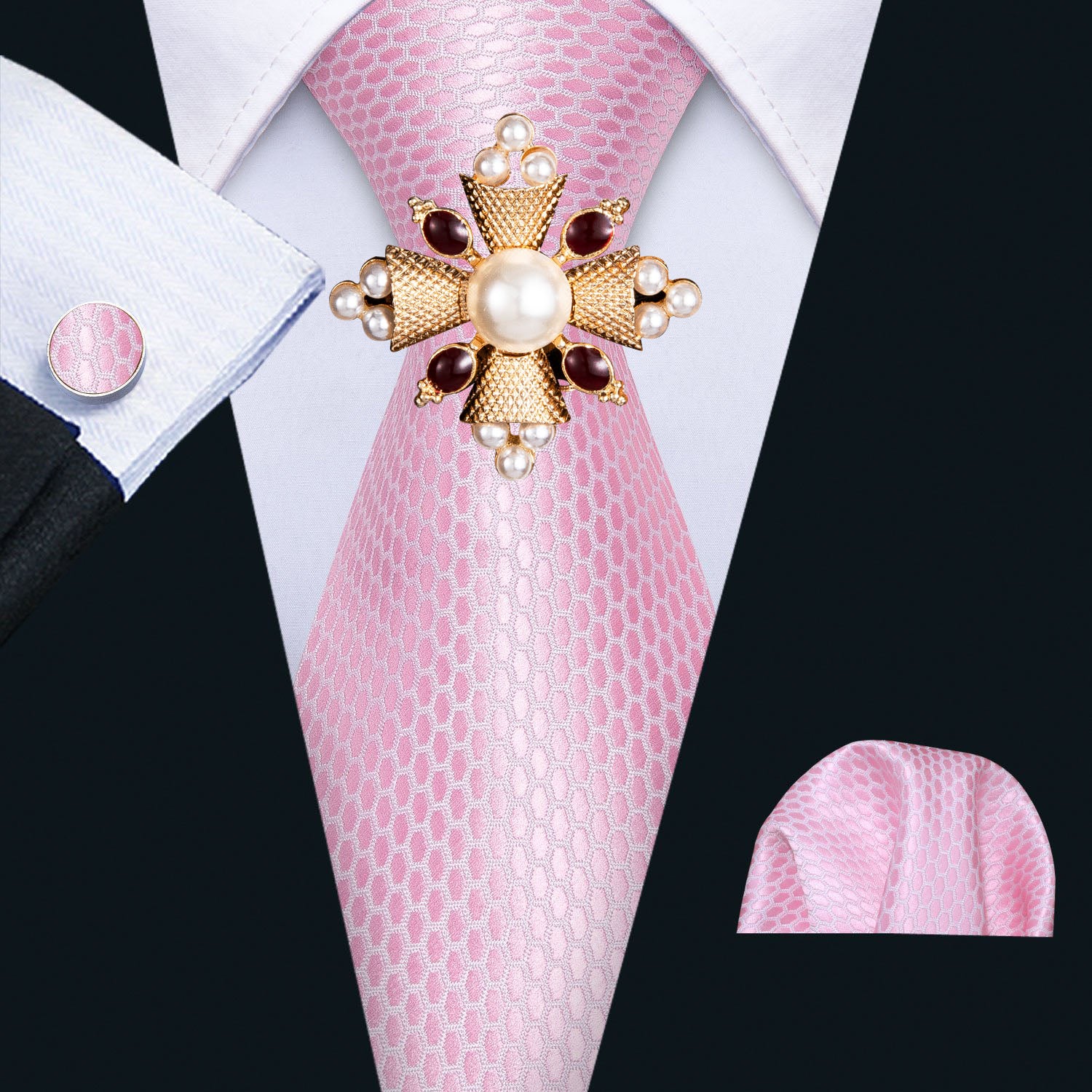 Pink Solid Silk Tie Pocket Square Cufflinks Set 8.5cm Fashion Designer