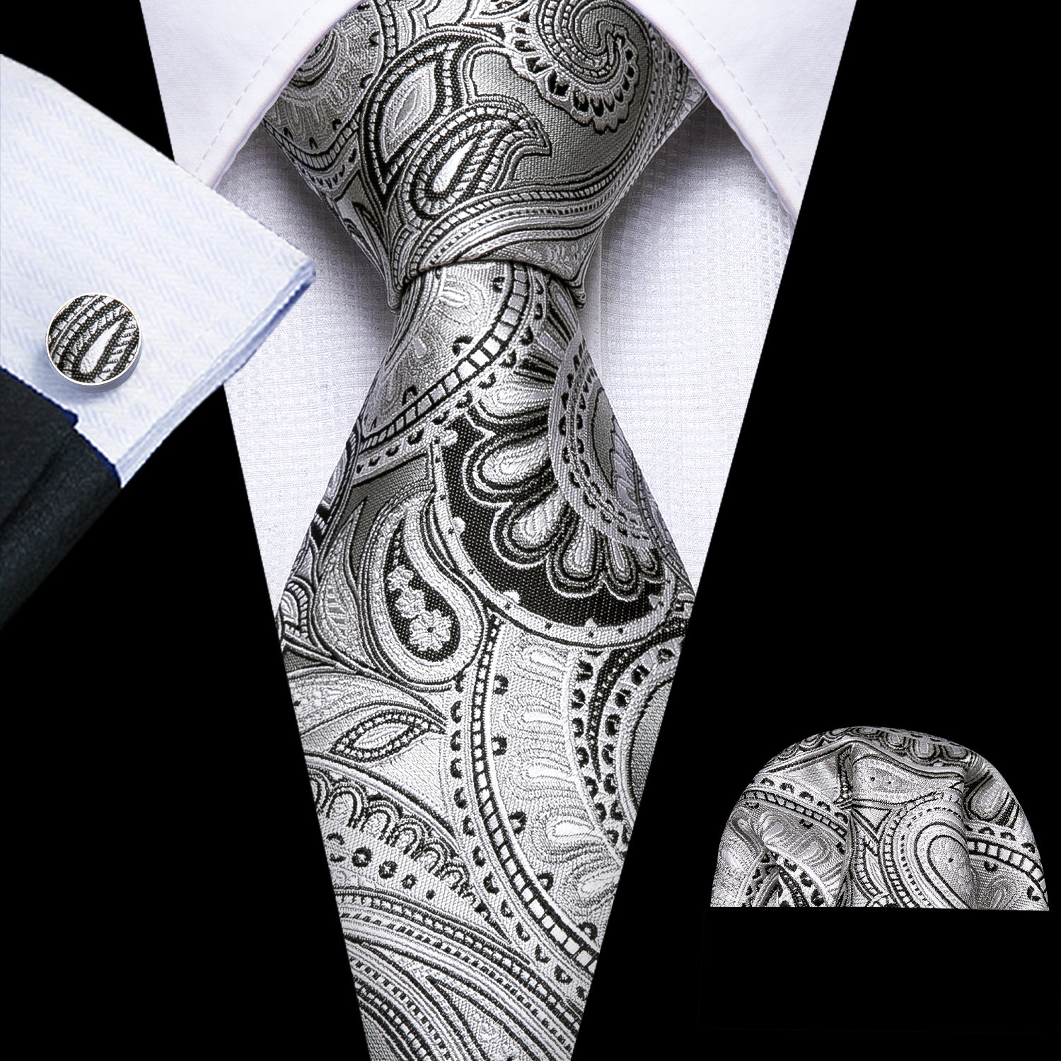 White Paisley Tie Pocket Square Cufflinks Set