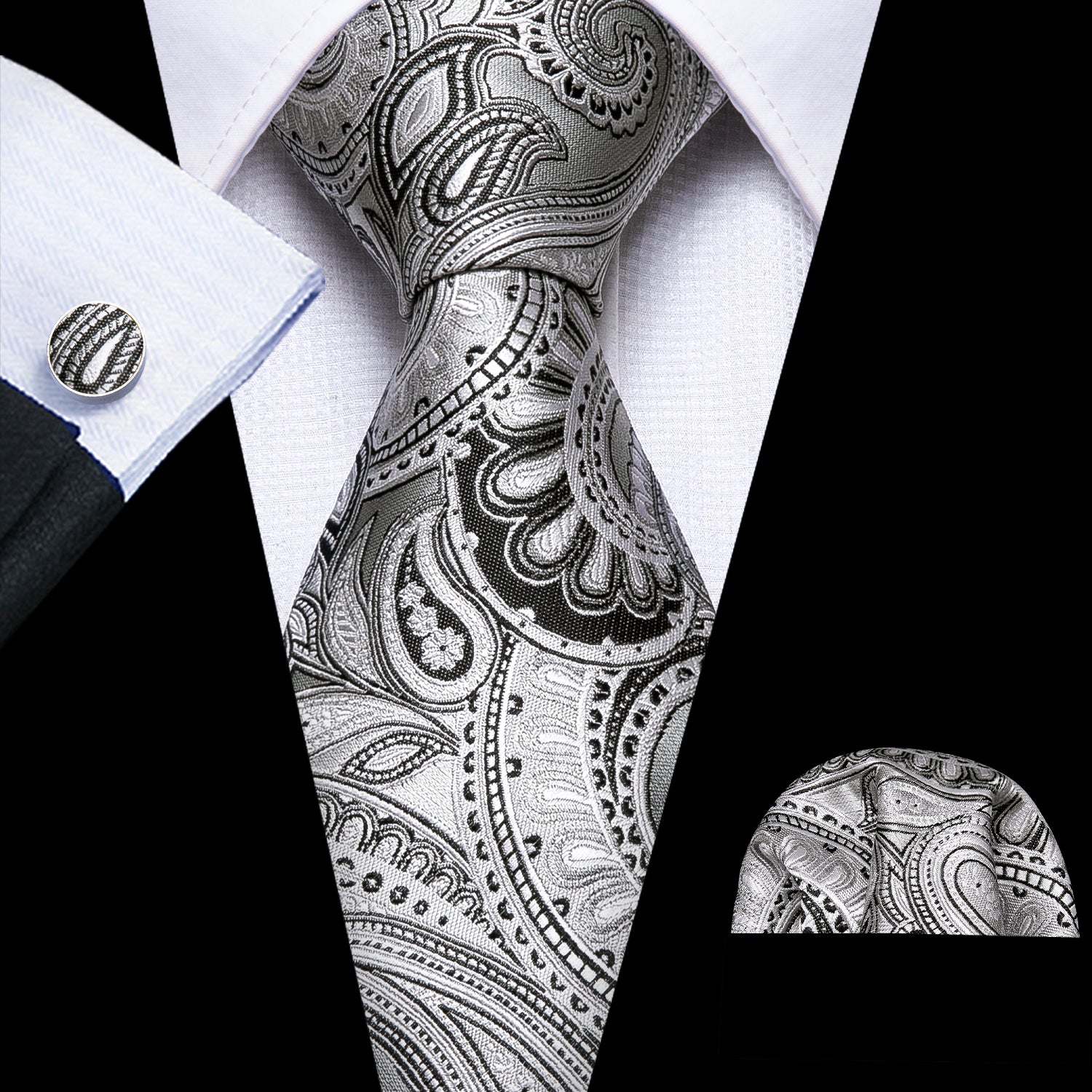 White Tie Black Jacquard Paisley Tie Hanky Cufflinks Set