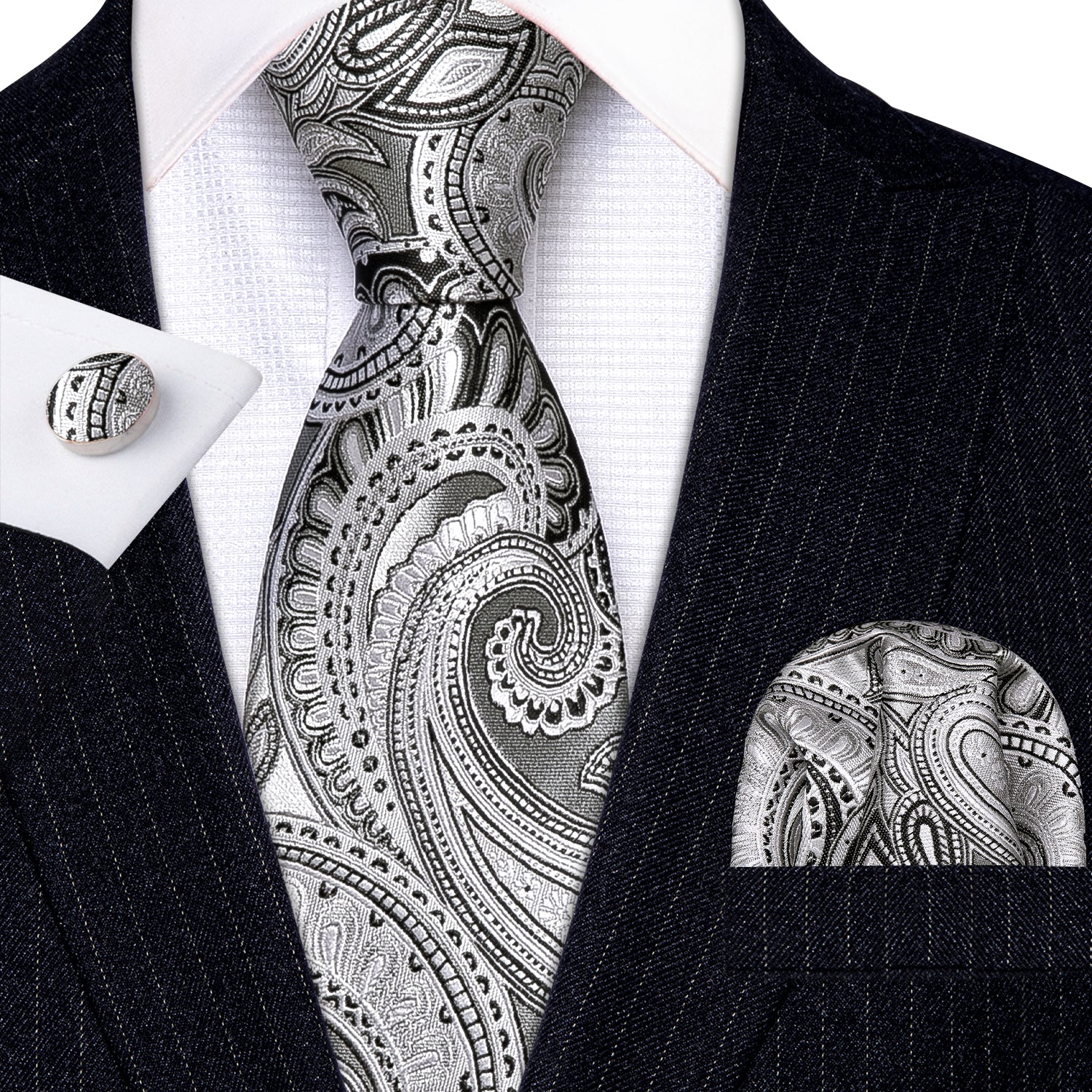 White Tie Black Jacquard Paisley Tie Hanky Cufflinks Set