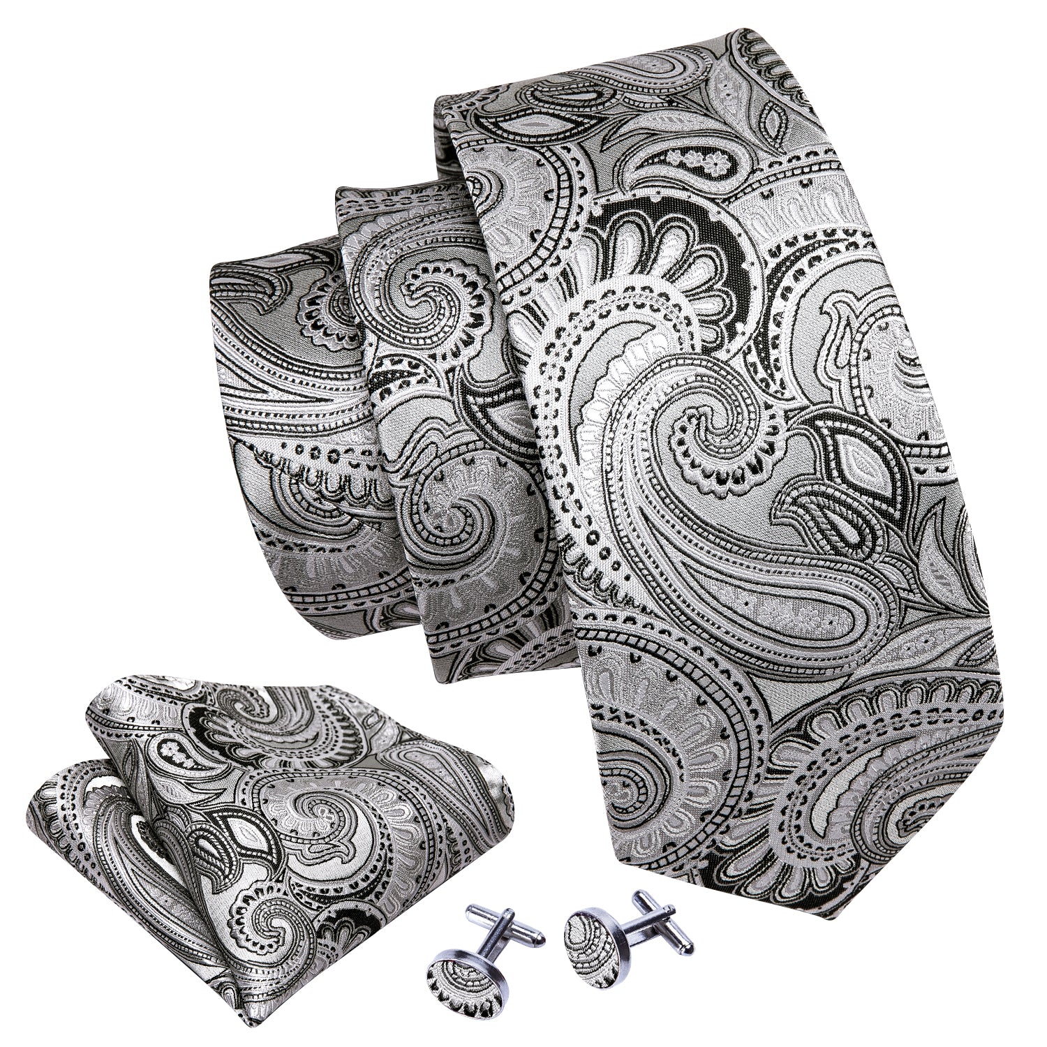 White Tie Black Jacquard Paisley Tie Hanky Cufflinks Set