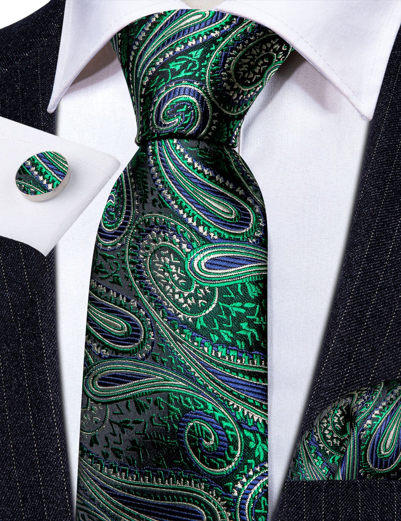 Barry Wang Green Tie Jacquard Paisley Silk Tie Hanky Cufflinks Set