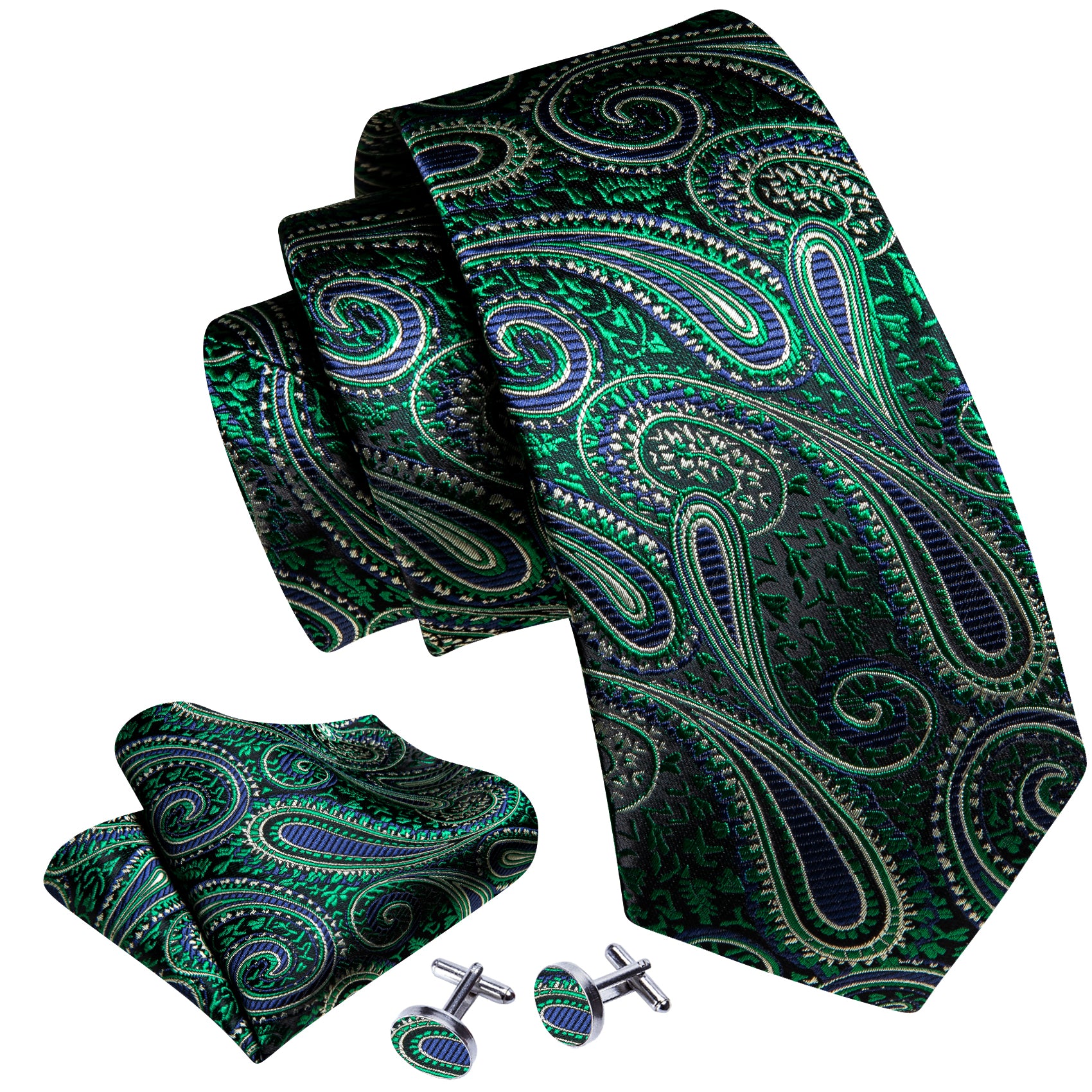 Barry.wang Green Tie Paisley Silk Men's Tie Pocket Square Cufflinks Set with Brooches