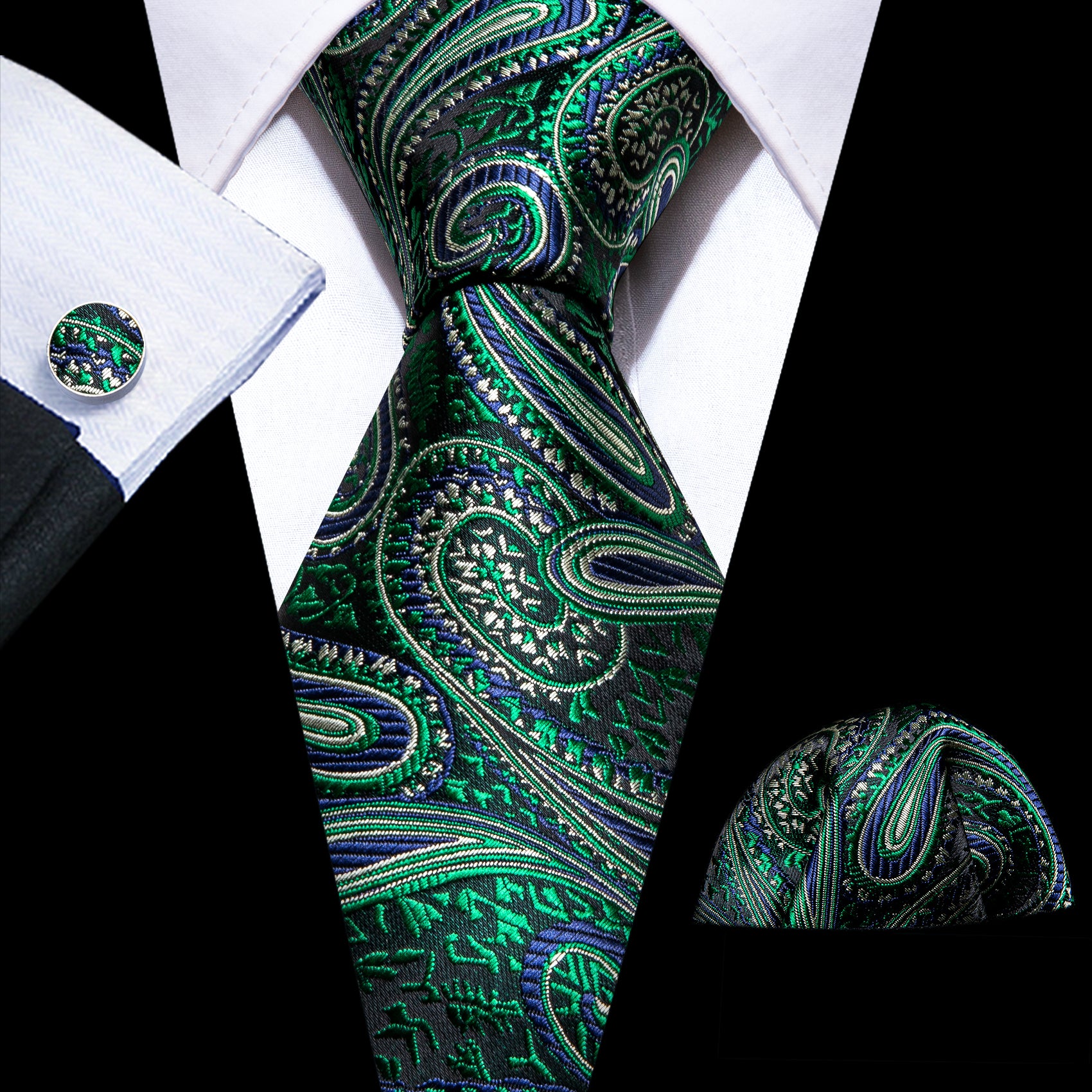 Green Paisley Tie Hanky Cufflinks Set