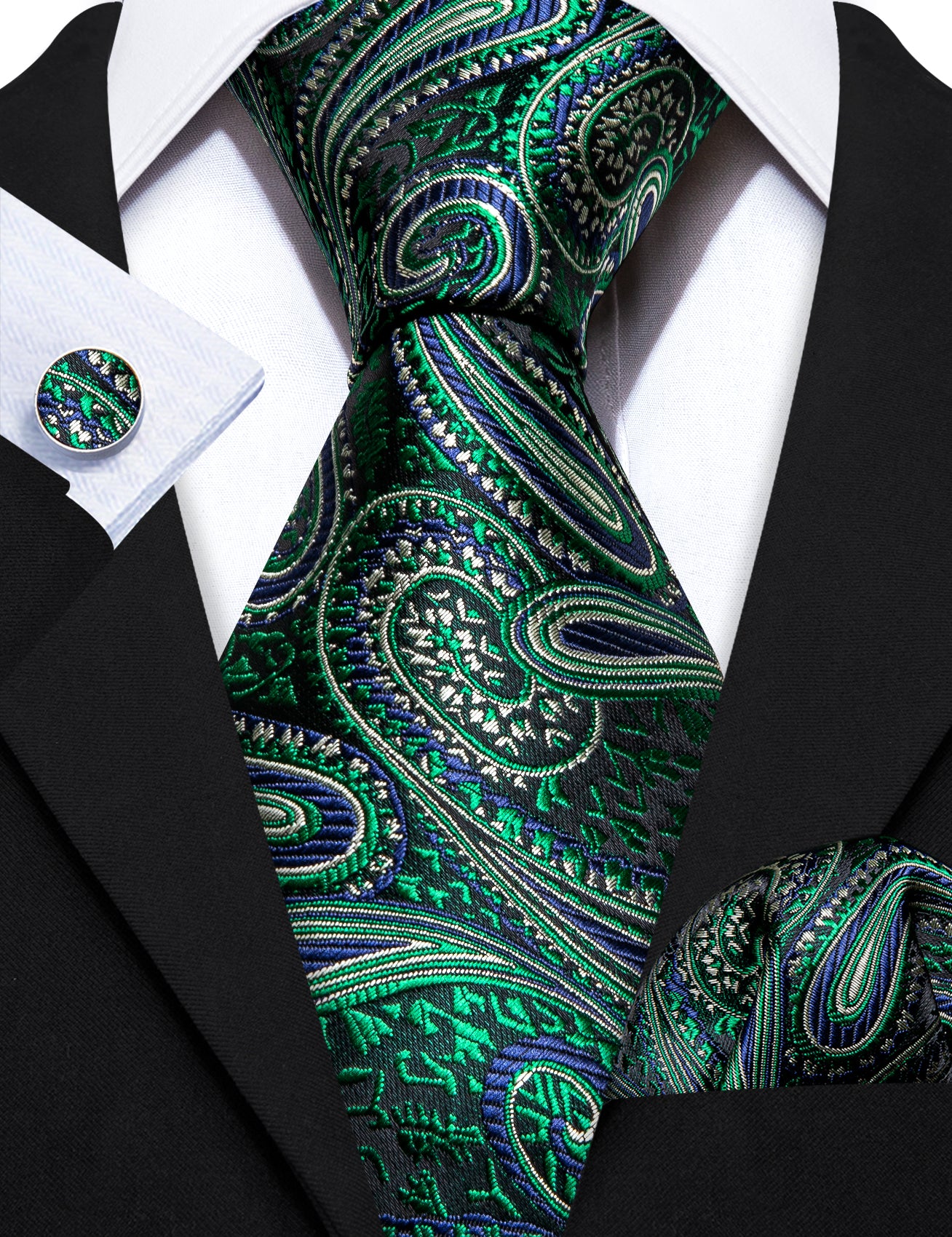 Barry.wang Green Tie Jacquard Paisley Silk Tie Hanky Cufflinks Set