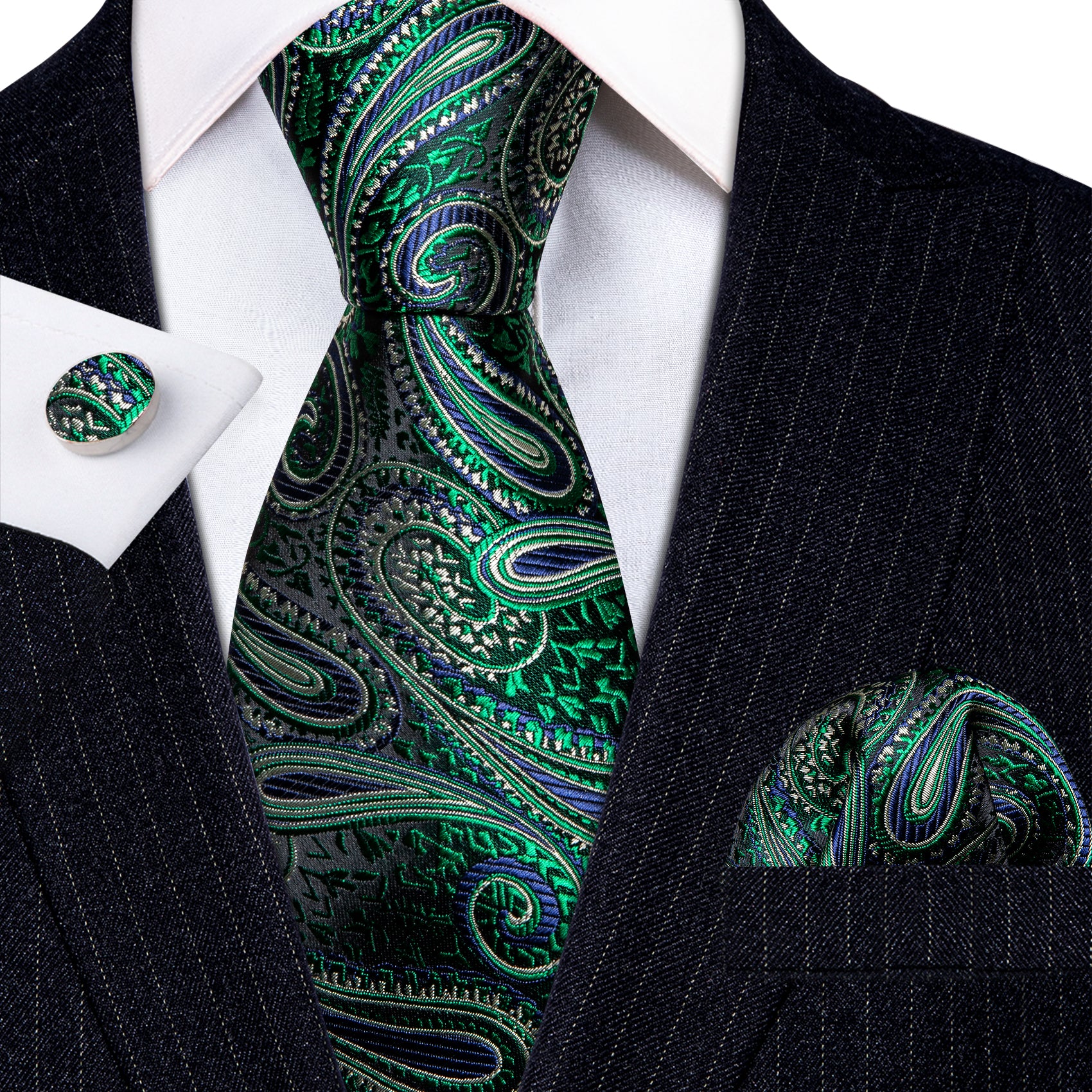 Barry Wang Green Tie Paisley Silk Men's Tie Pocket Square Cufflinks Set with Brooches