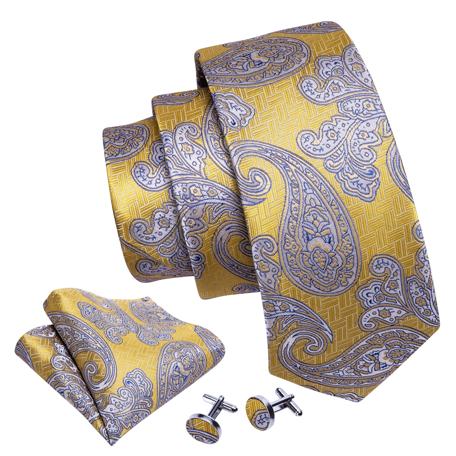 Yellow Paisley Tie Hanky Cufflinks Set