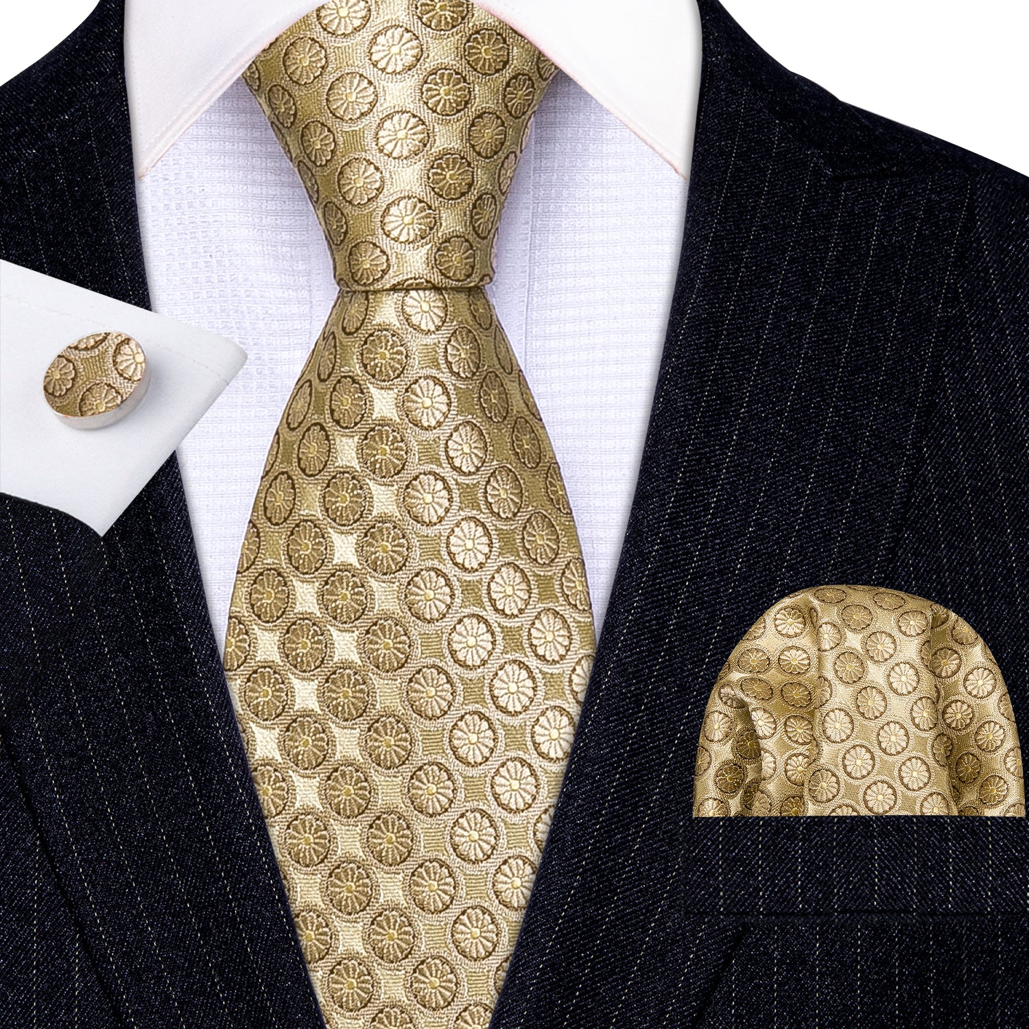 Golden Floral Silk Men's Tie Pocket Square Cufflinks Set