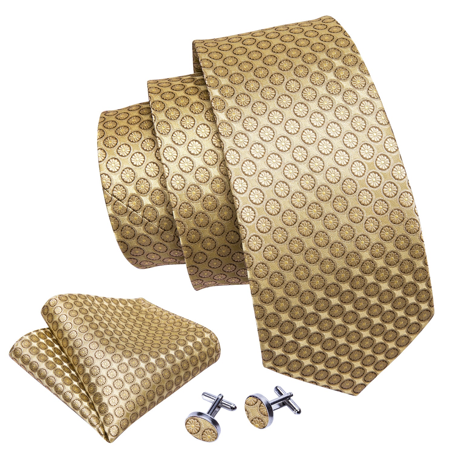 Golden Floral Silk Men's Tie Pocket Square Cufflinks Set