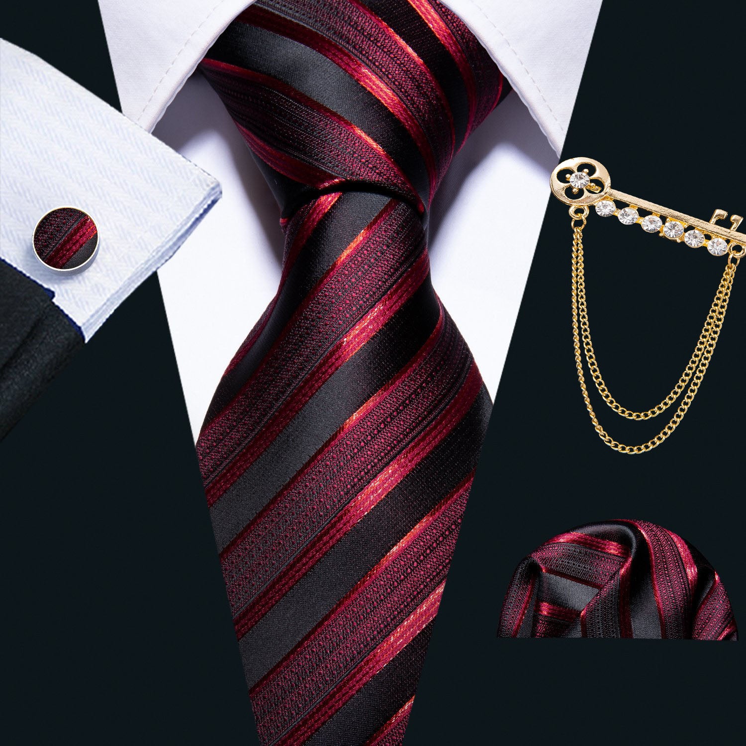 Barry.wang Striped Tie Red Black Men's Silk Tie Pocket Square Cufflinks Lapel Pin Brooch Set