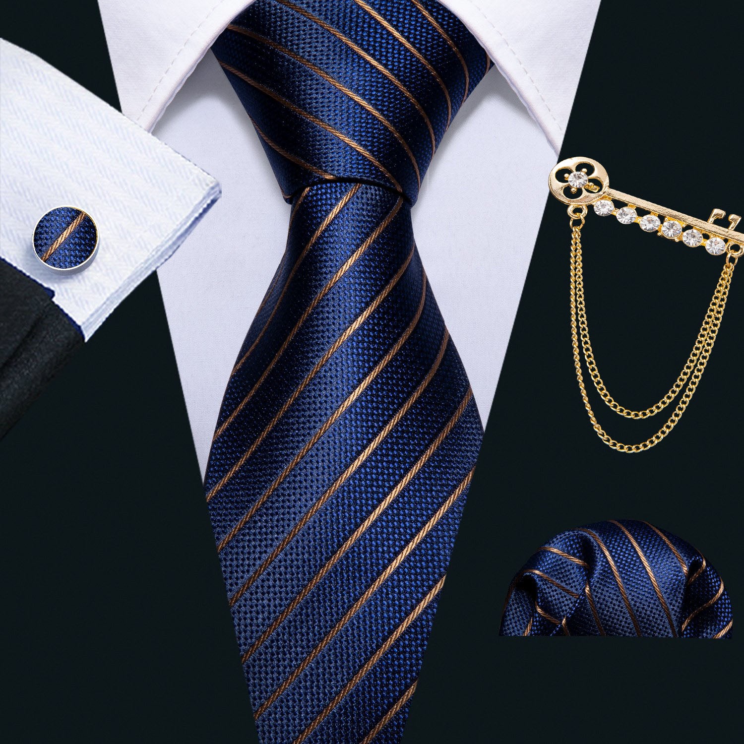  Blue Tie Golden Striped Men's Silk Tie