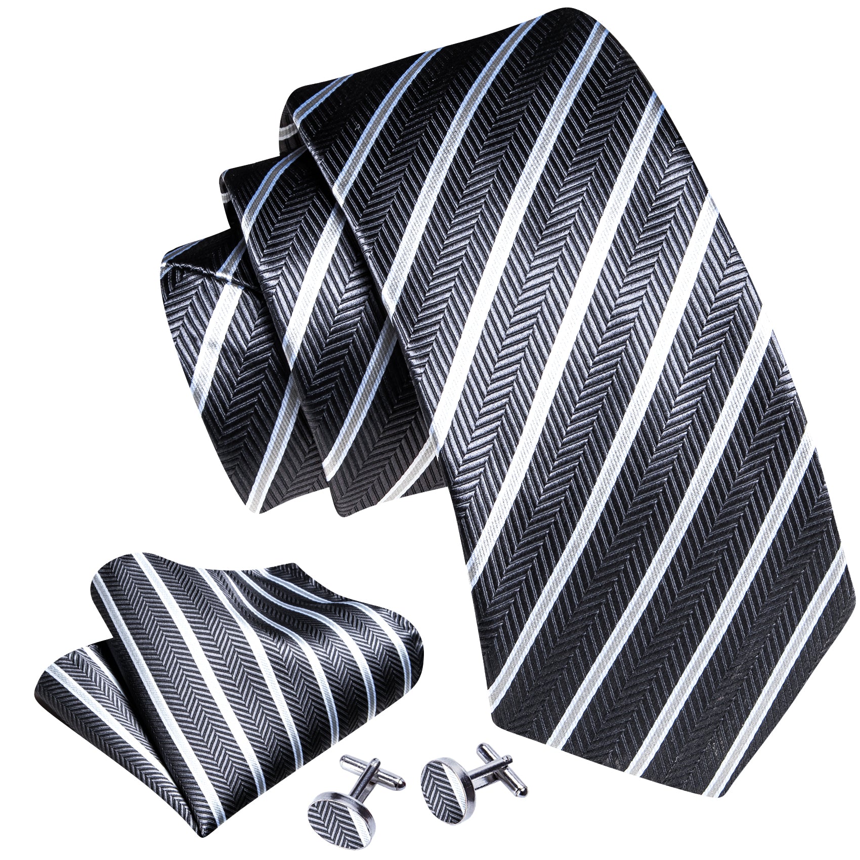 Dark Grey White Striped Men Tie Pocket Square Cufflinks Set