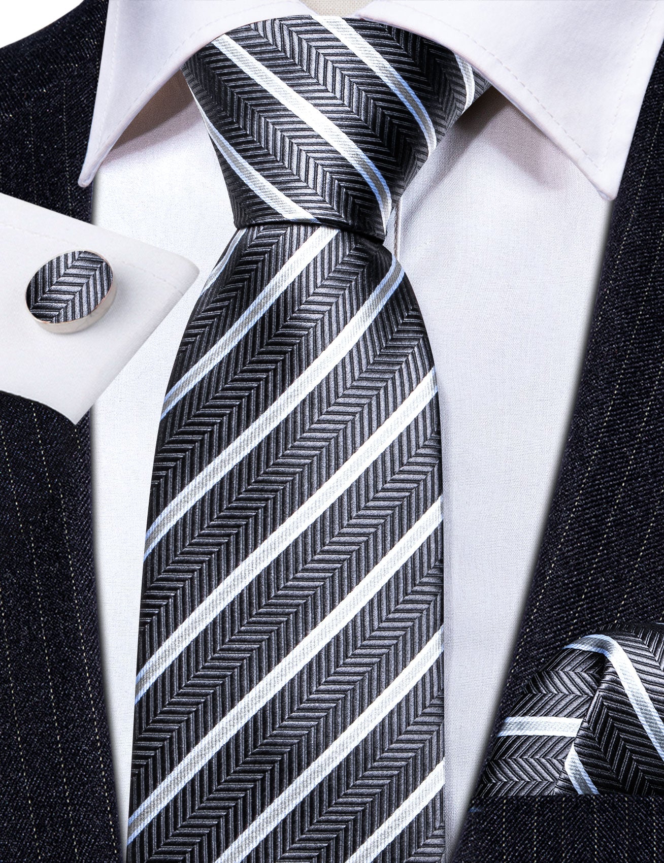 Dark Grey White Striped Men Tie Pocket Square Cufflinks Set