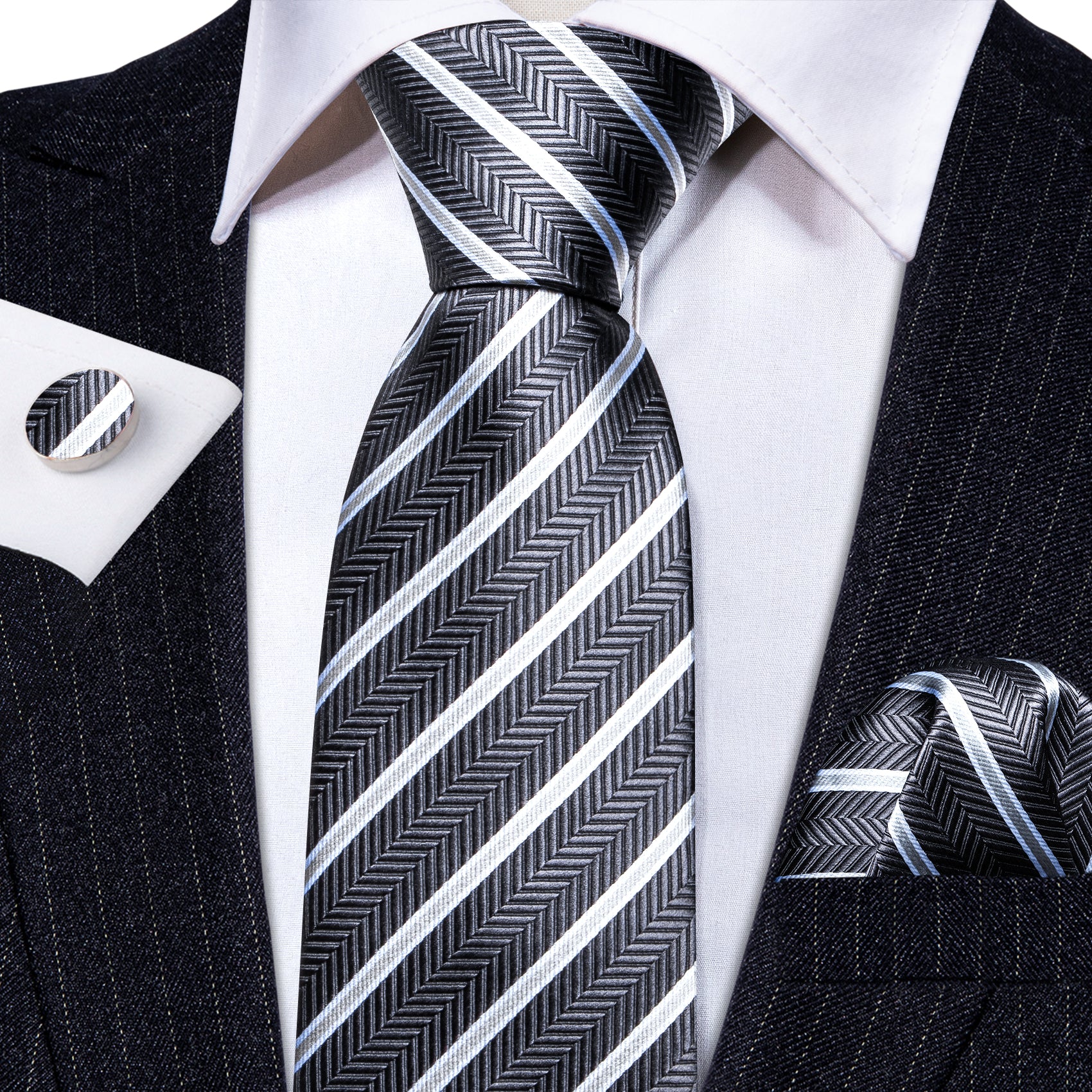 Dark Grey White Striped Men Tie Pocket Square Cufflinks Set