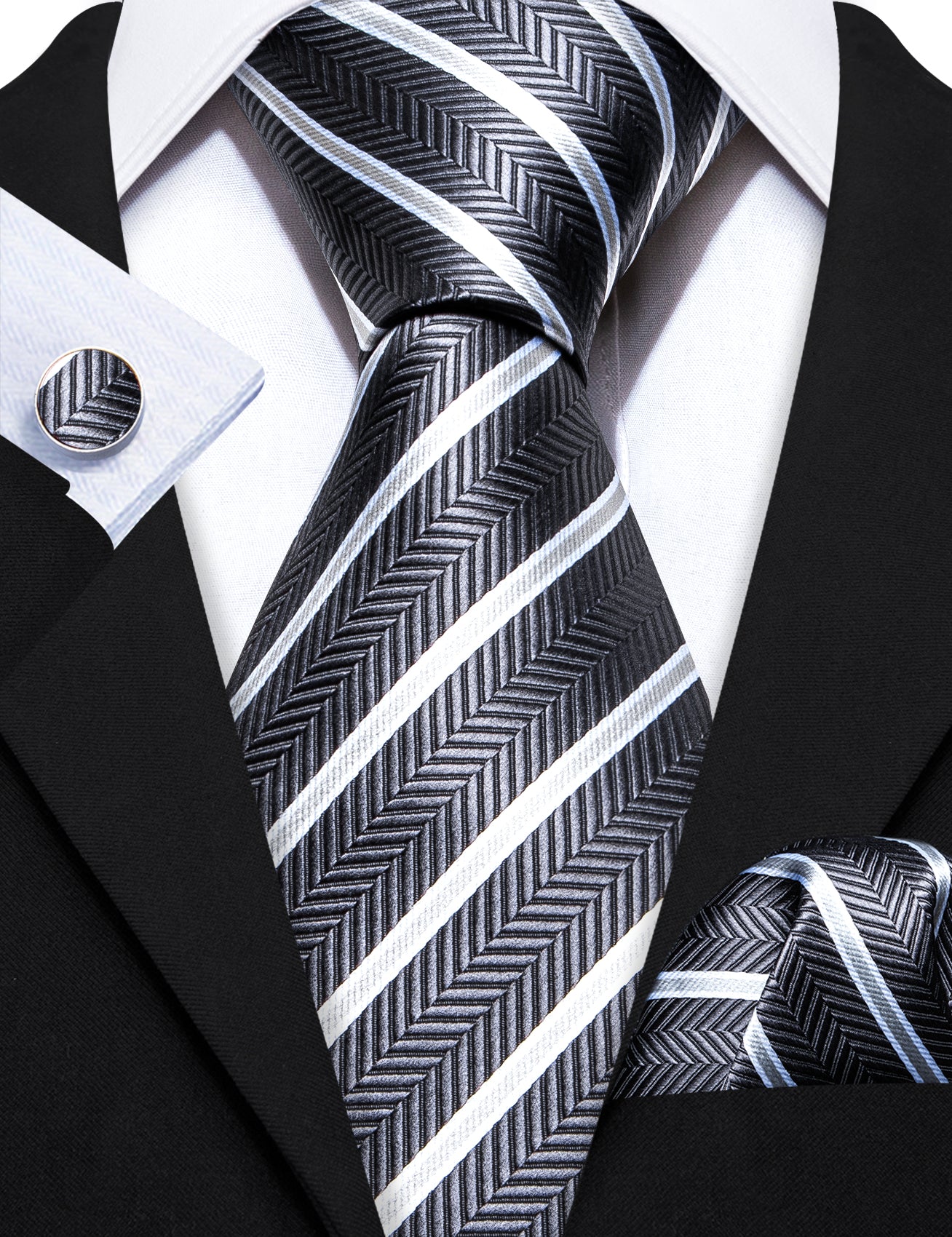 Grey White Striped Silk Men's Tie Pocket Square Cufflinks Set