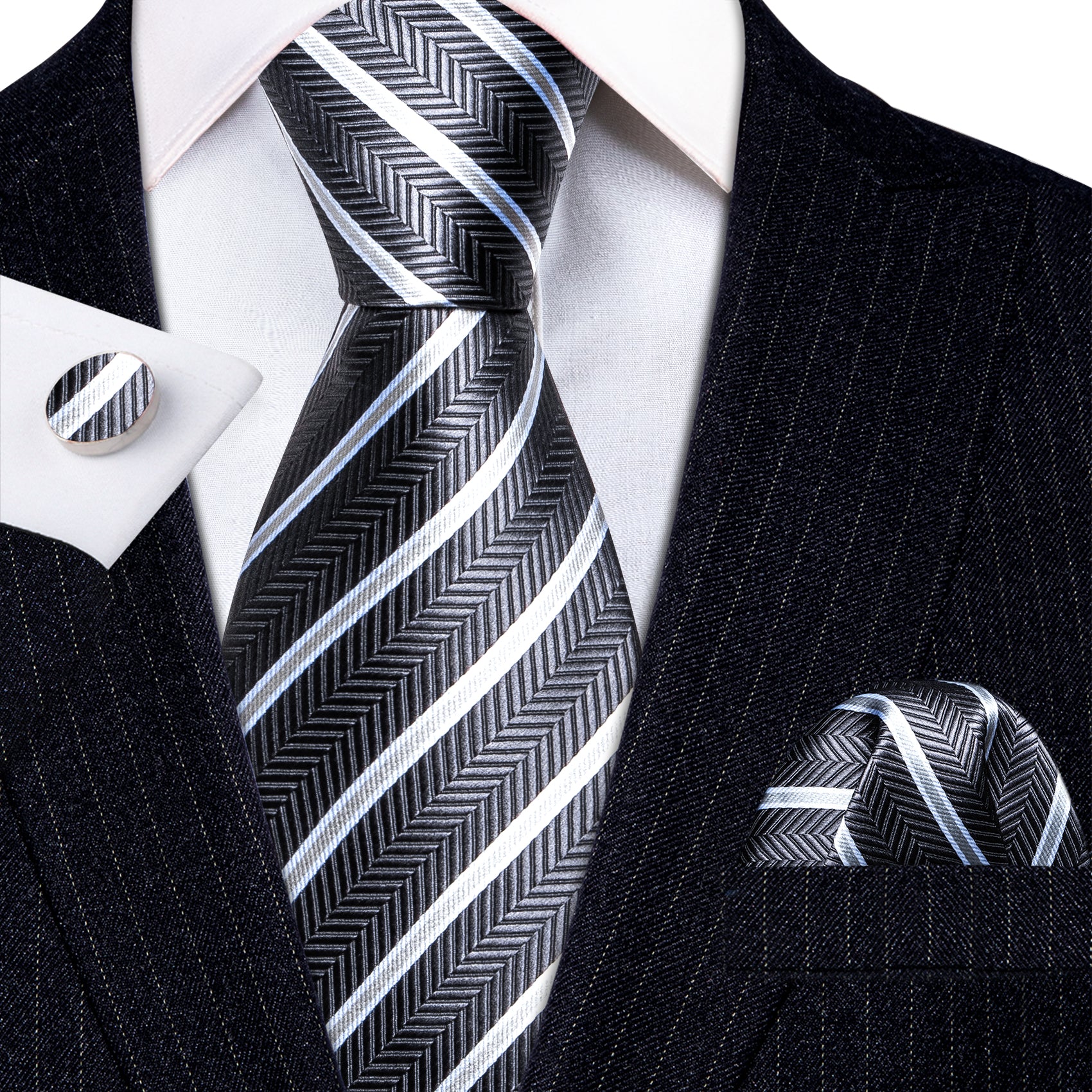 Grey White Striped Silk Men's Tie Pocket Square Cufflinks Set