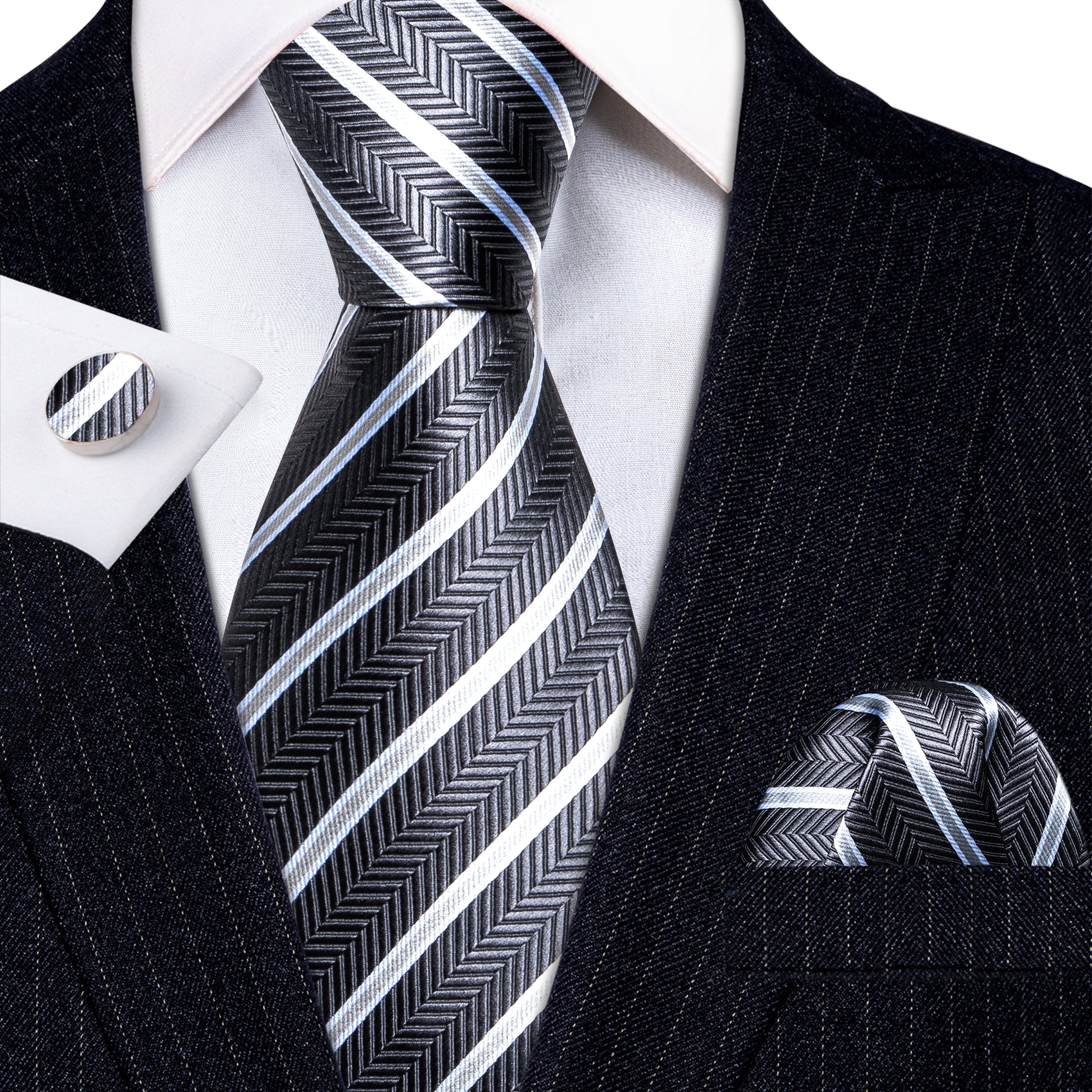 Dark Grey White Striped Men Tie Pocket Square Cufflinks Set