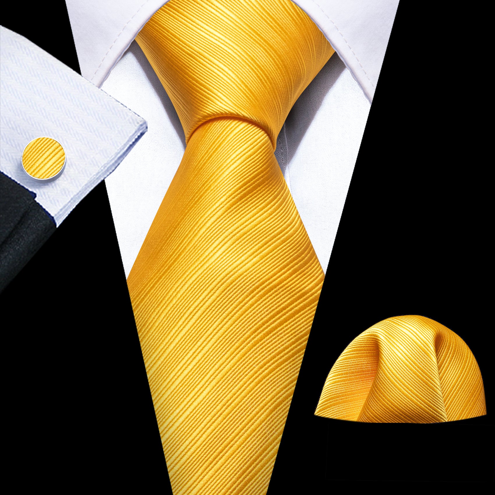 Yellow Tie Striped Silk Tie Hanky Cufflinks Set