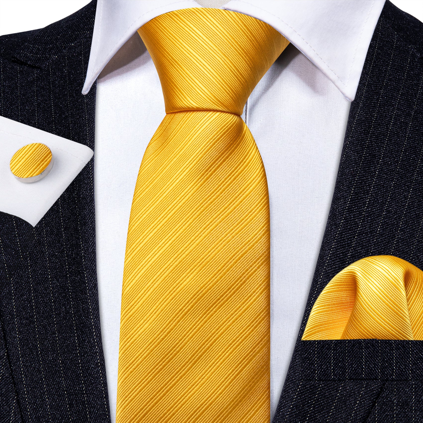 Solid Yellow Striped Silk Tie Hanky Cufflinks Set