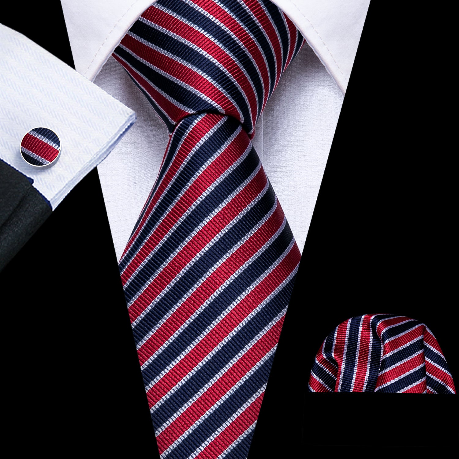 Classic Blue Red Narrow Striped Silk Tie Pocket Square Cufflinks Set
