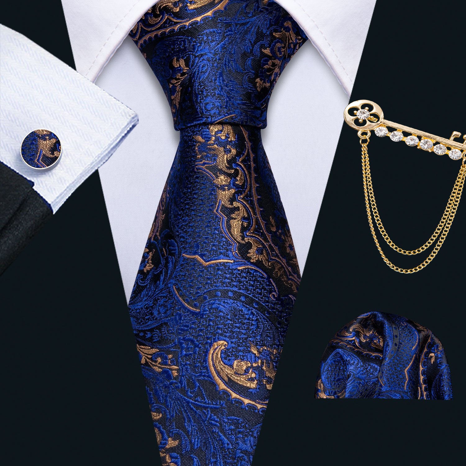 Navy Blue Golden Paisley Men's Tie Lapel Pin Brooch Silk Tie Pocket Square Cufflinks Set Wedding Business Party