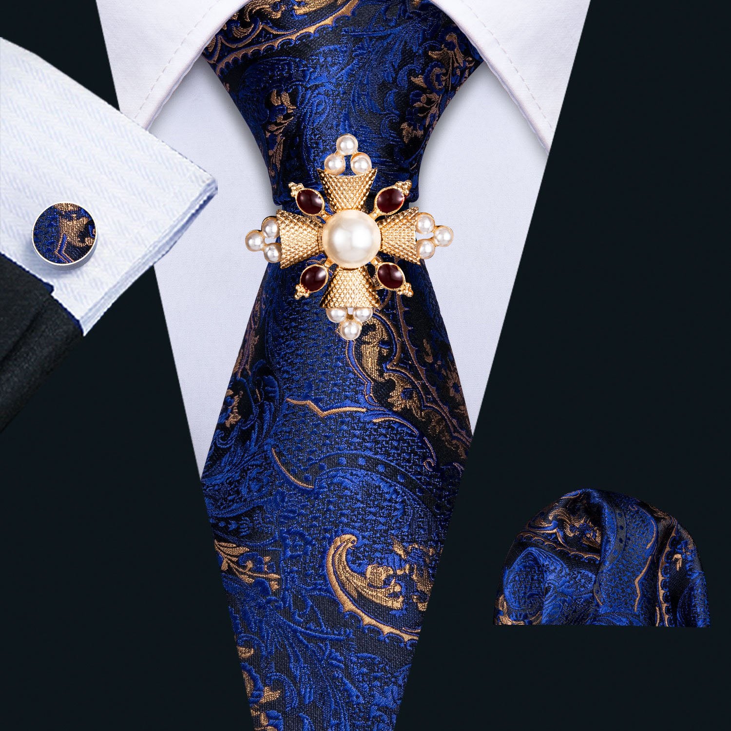 Navy Blue Golden Paisley Tie Pocket Square Cufflinks Set 8.5cm Fashion Designer Neckties with Brooches Easy Matching