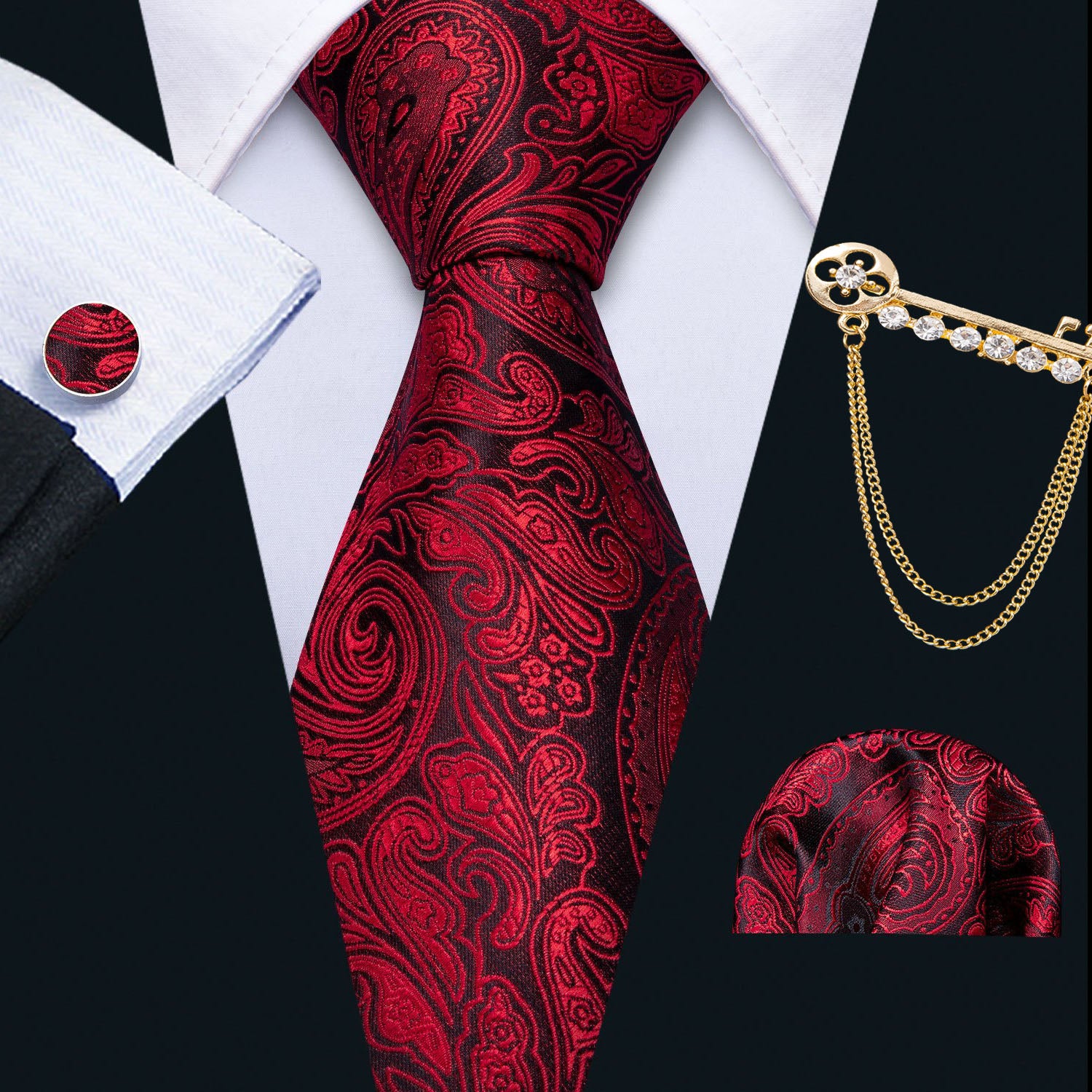 Red Black Paisley Floral Men's Tie Lapel Pin Brooch Silk Tie Pocket Square Cufflinks Set Wedding Business Party