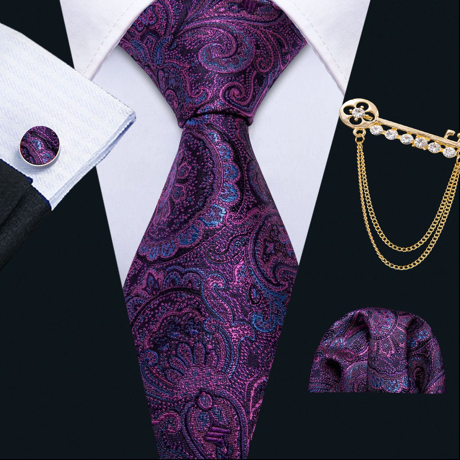 purple blue dark red paisley necktie with gold lapel clip 
