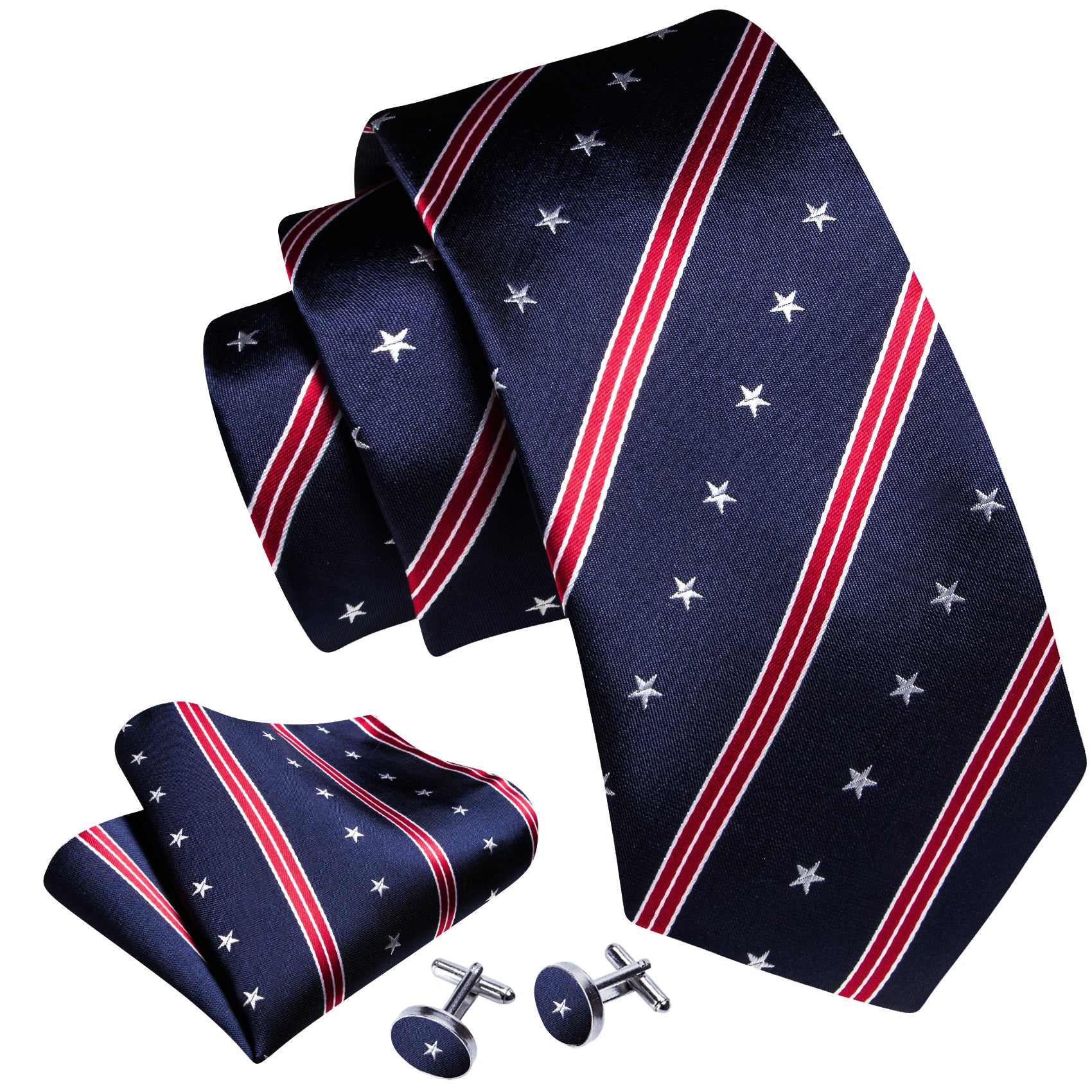  Dark Blue Tie Red Stripe Men's Necktie Hanky Cufflinks Set