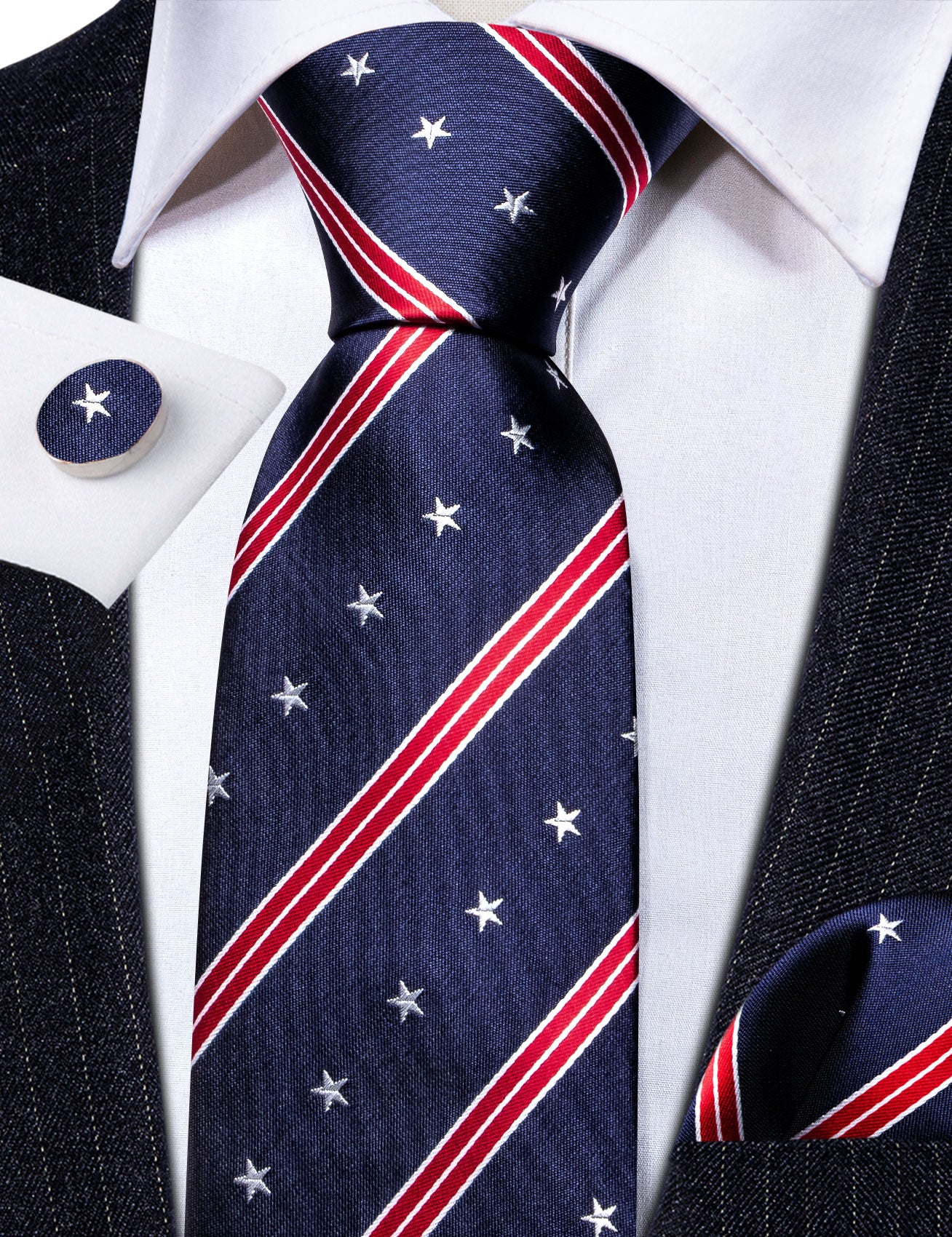Blue and Red Stripe Tie Tie Hanky Cufflinks Set
