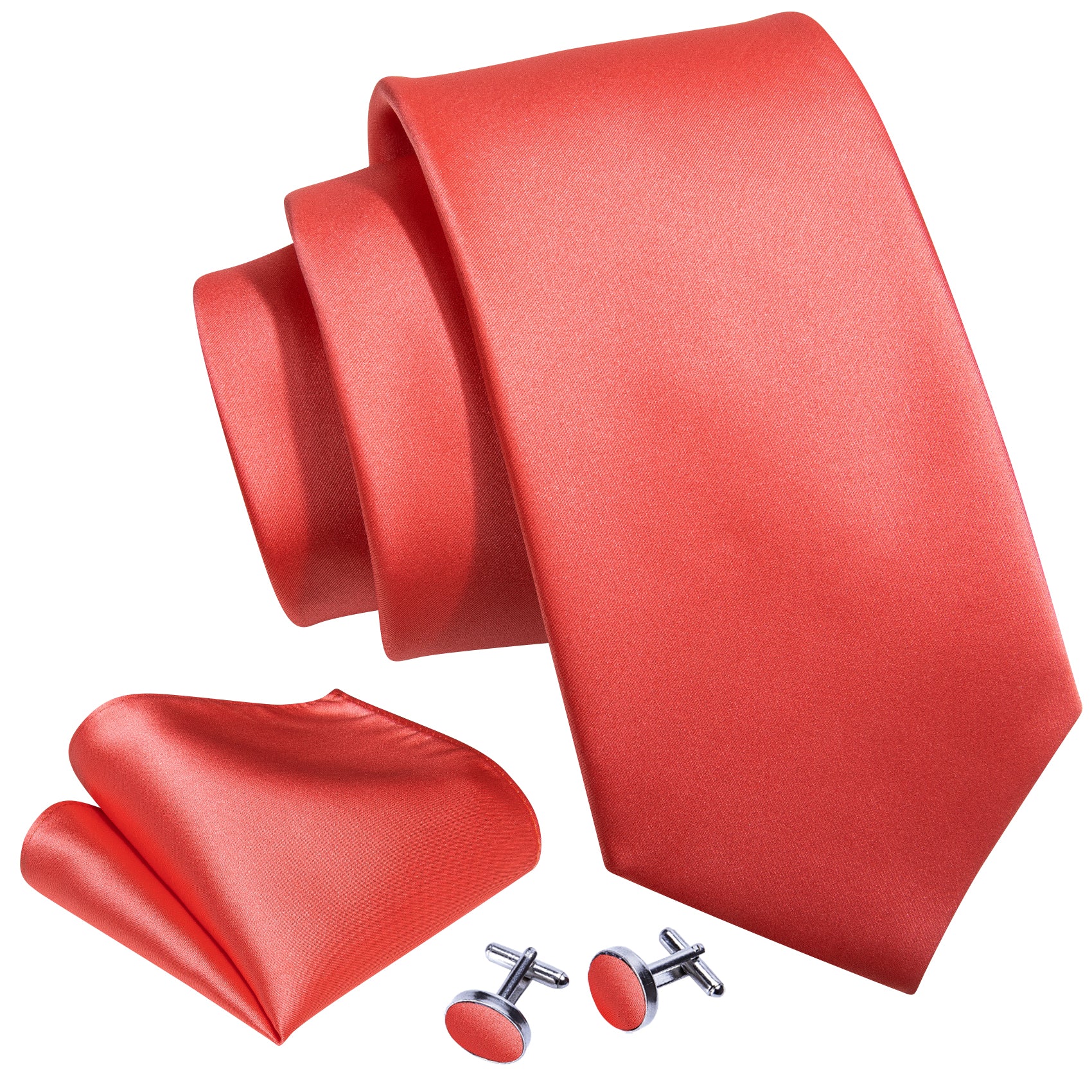 Orange Red Solid Tie Pocket Square Cufflinks Set