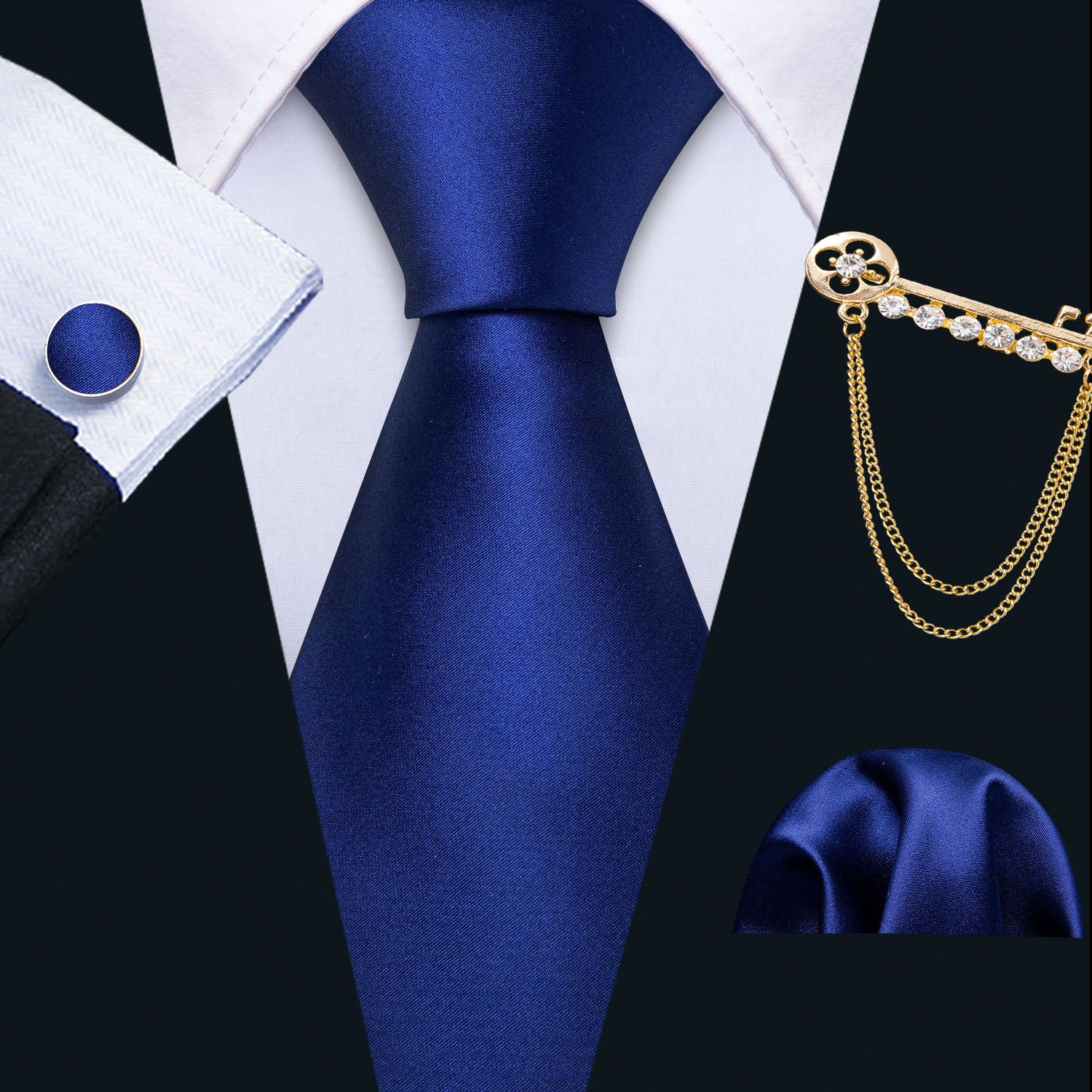 Blue Tie Sapphire Solid Men's Silk Tie Set with Lapel Pin Brooch