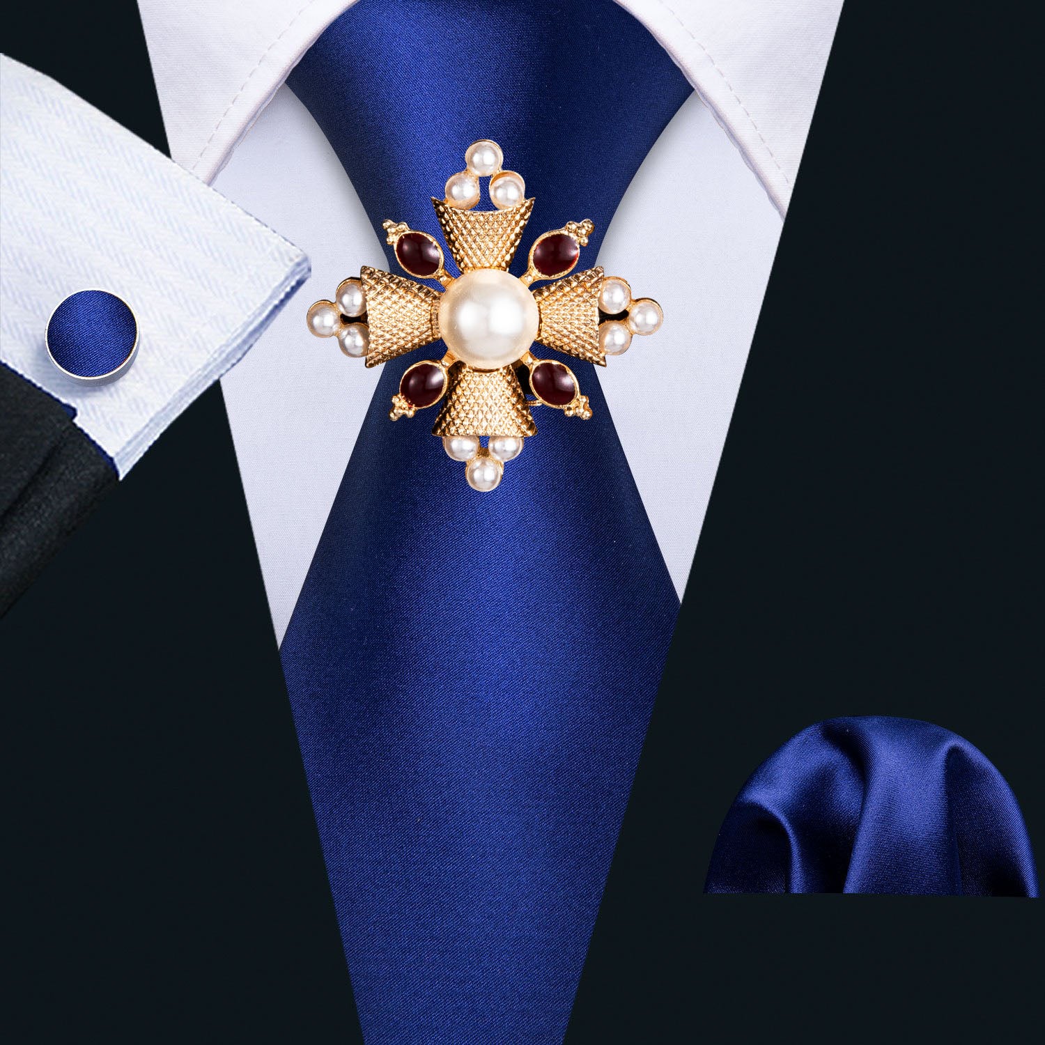 Silk Blue Solid Tie Pocket Square Cufflinks Set 8.5cm Fashion Designer Neckties with Brooches Easy Matching