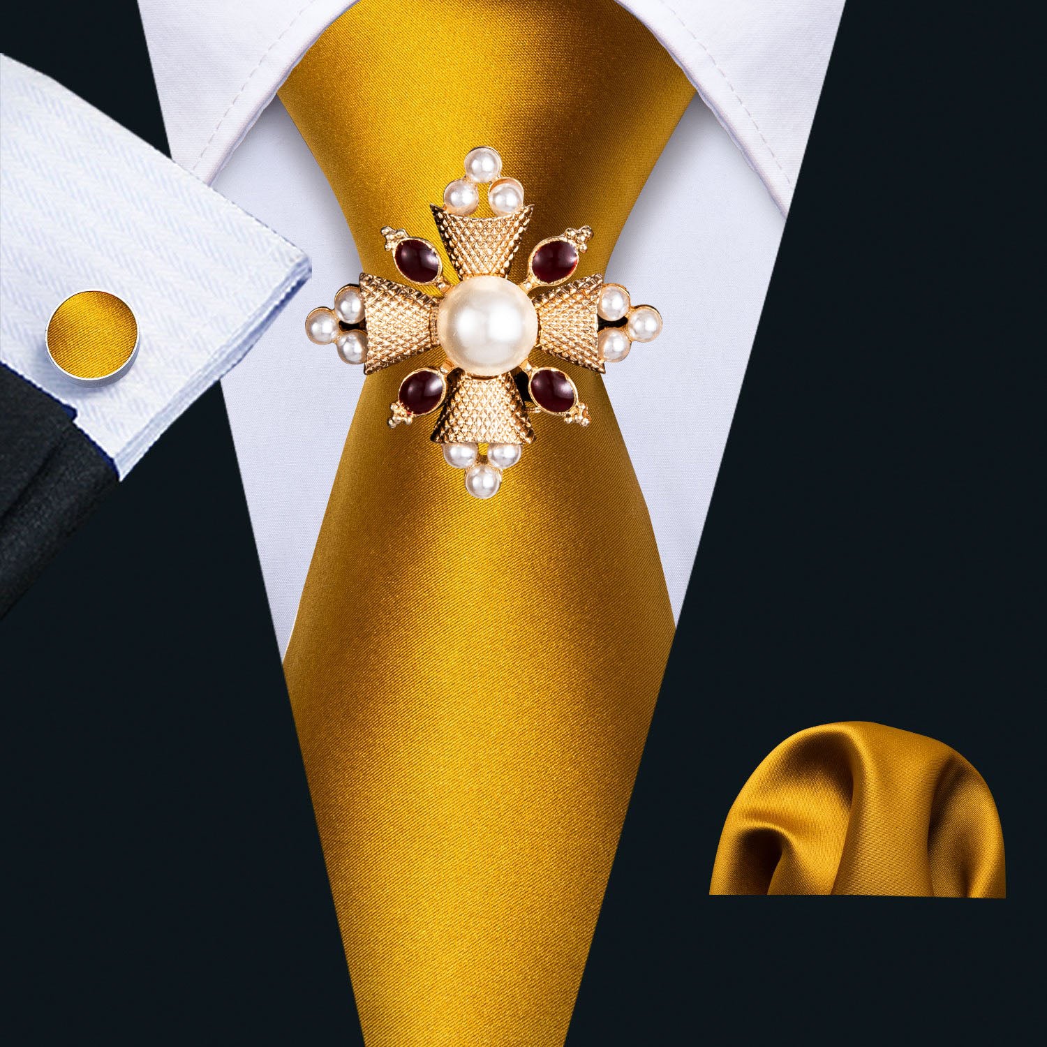 Golden Tie Solid Silk Tie Pocket Square Cufflinks Set 