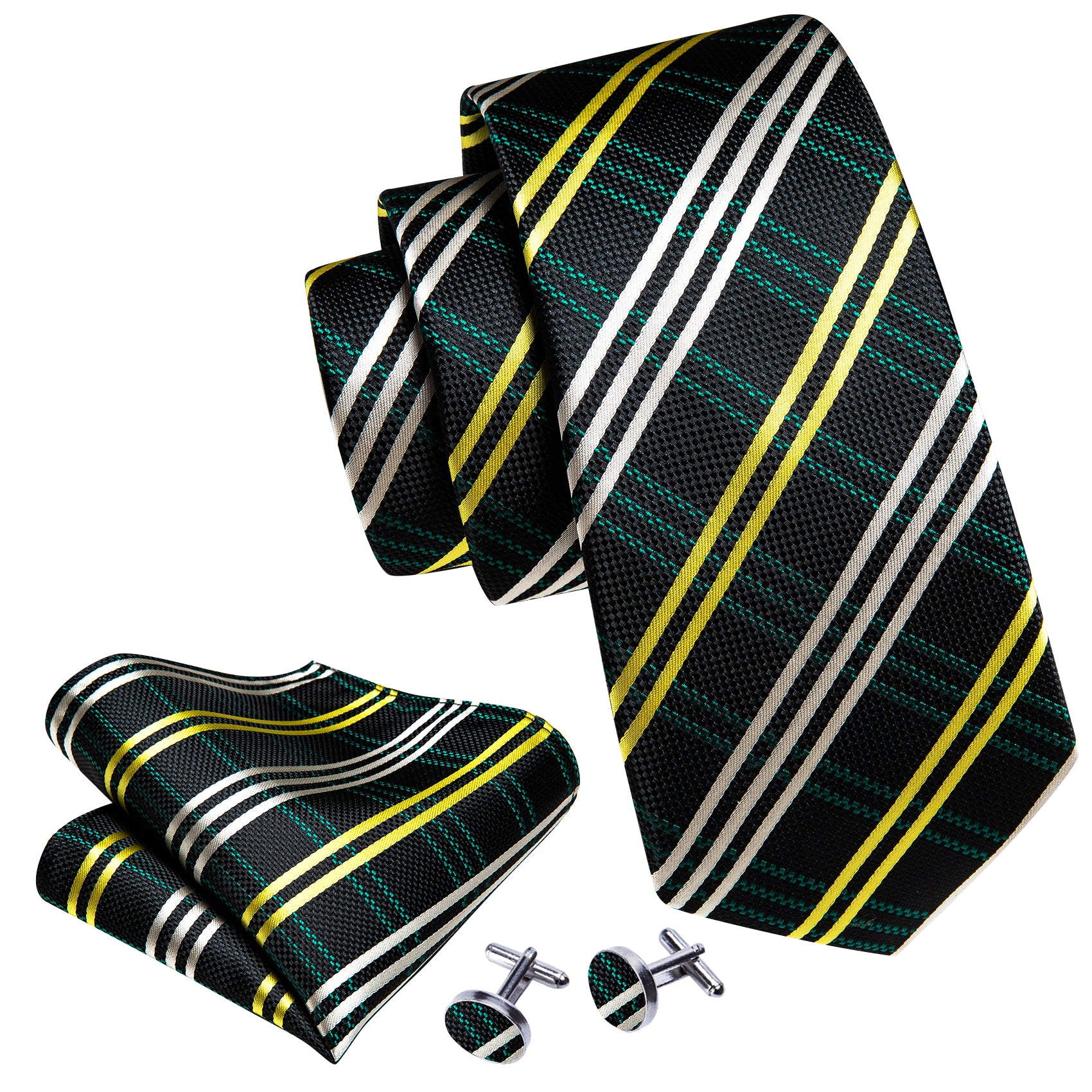 Green Black Plaid Silk Tie Handkerchief Cufflinks Set