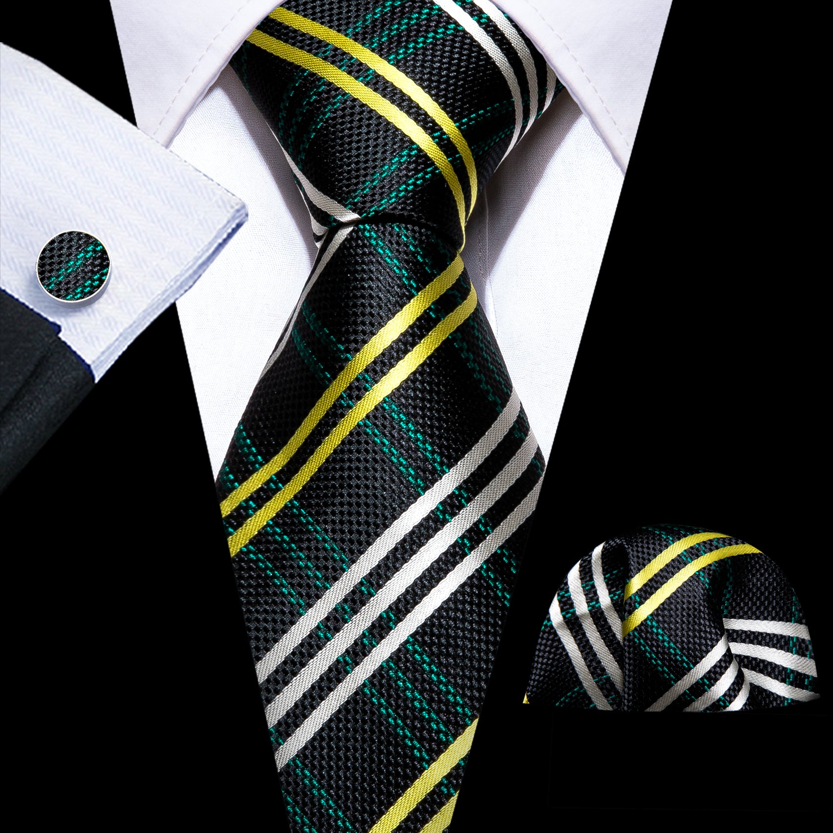 Green Black Plaid Silk Tie Handkerchief Cufflinks Set