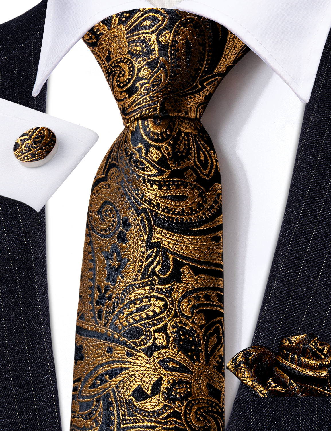 Barry.wang Black Tie Gold  Paisley Silk Tie Pocket Square Cufflinks Set for Men