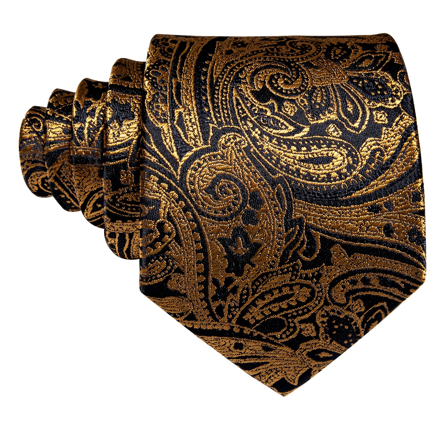 Gold Black Paisley Silk Tie Pocket Square Cufflinks Set